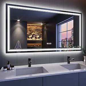 55x30 Inch LED Bathroom Mirror, Backlit and Front Light Anti-Fog Dimmable Memory Lighted Vanity Mirror, Large Shatterproof Wall-Mounted Led Mirror for Bathroom