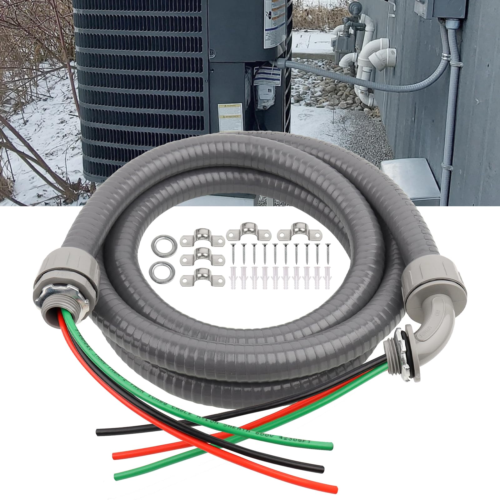 1/2Inch Outdoor Electrical Whips Kit, 8 FT Nonmetallic Liquid Tight Flexible Conduit Wire with 3 Conductors 10 Gauge THHN Electrical Wires, A/C Disconnect Box Power Whips Assembly (8FTx1/2Inch)