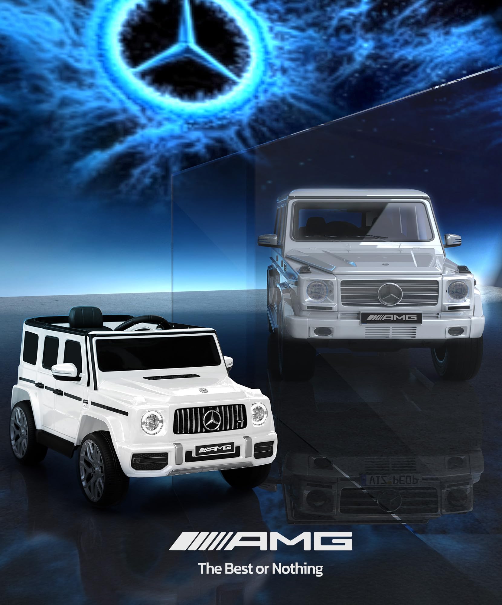 ELEMARA Voiture Électrique Enfant Mercedes Benz AMG G63,Voiture pour Enfant avec télécommande parentale,Camion électrique à Conduite,Suspension Ressort,Lumière Clignotante/LED,Bluetooth,Musique,Blanc