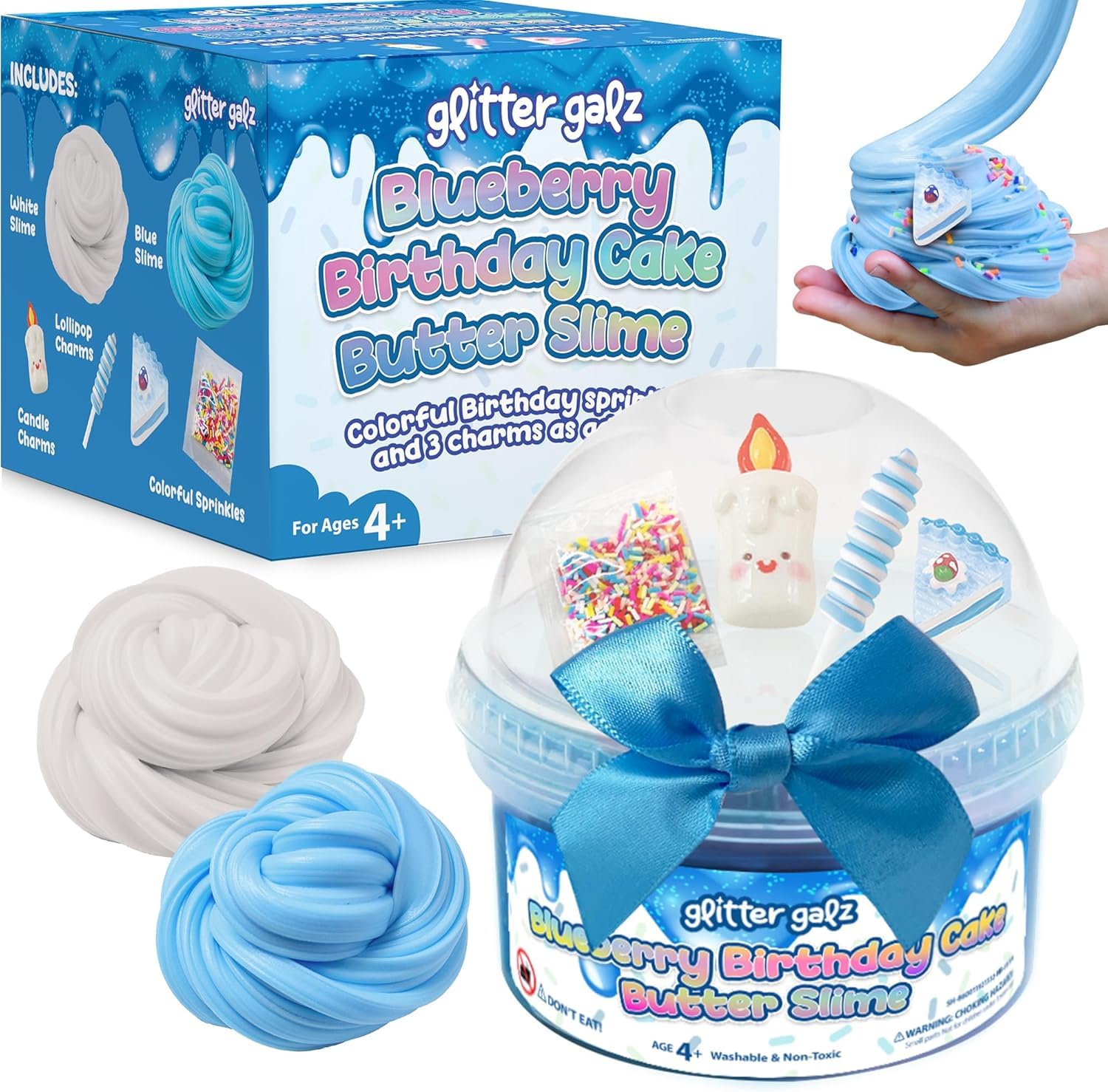 Glitter Galz Butter Slime Kit (Blue) - Birthday Slime for Kids - Non-Sticky Slime Pack with Sprinkles & Charms - Toys for Girls & Boys - Birthday Gift