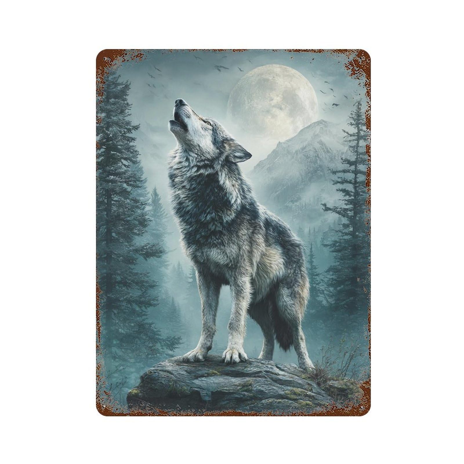 Wolf Howling at Moon Poster-1 Retro Metal Sign 15.7"x11.8", Novelty Wall Decor for Garage, Pub Or Kitchen