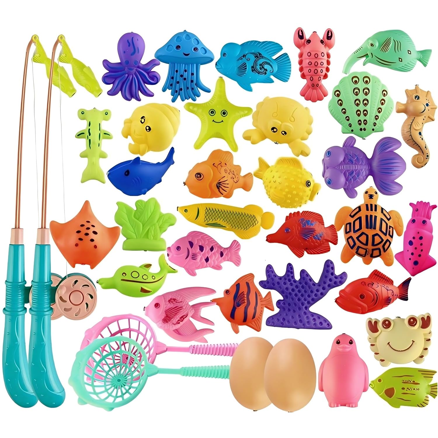 Set di 40 giocattoli da pesca magnetici per bambini con canna da pesca e rete, pesci galleggianti in plastica per vasca da bagno