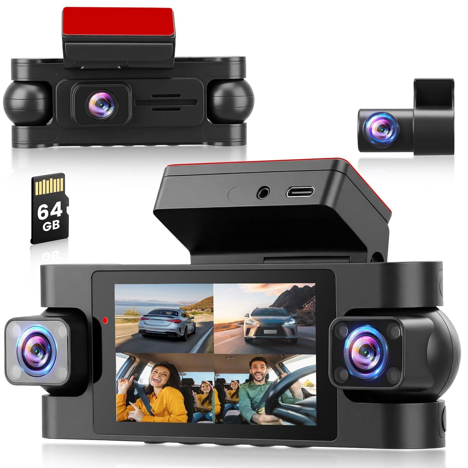 Roinvou Dashcam Delantera y Trasera 4 Canales, Cámara de Salpicadero 2K con WiFi 5GHz, App Control, Grabación en Bucle, Monitor de Estacionamiento 24h, Incluye 64G SD y Cámara Trasera