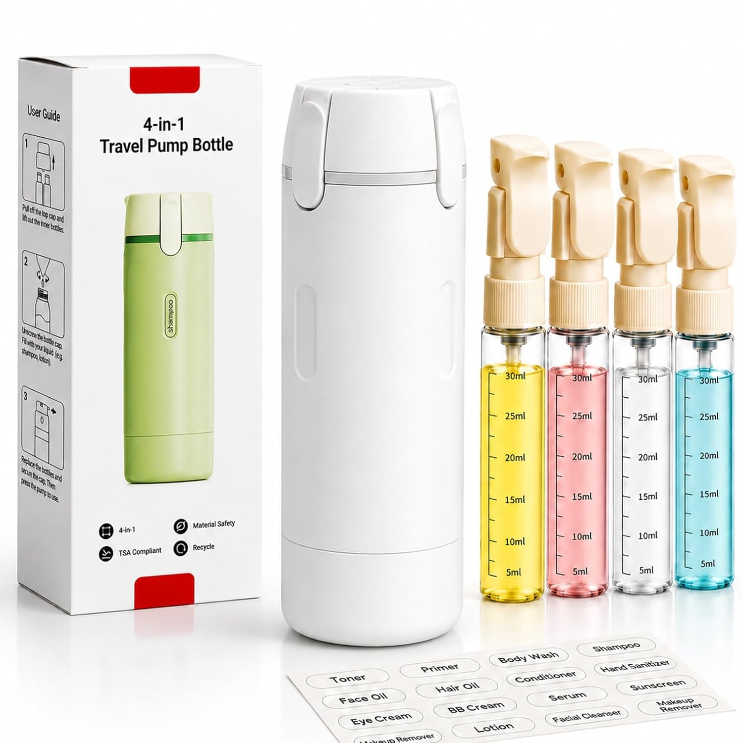 4 in 1 Travel Dispenser Bottles Shampoo Refillable Leak Proof TSA Compliant Size Containers Toiletries Toiletry with Pump Design Portable Organizer Conditioner Lotion Cream Vacation (White)-image-23