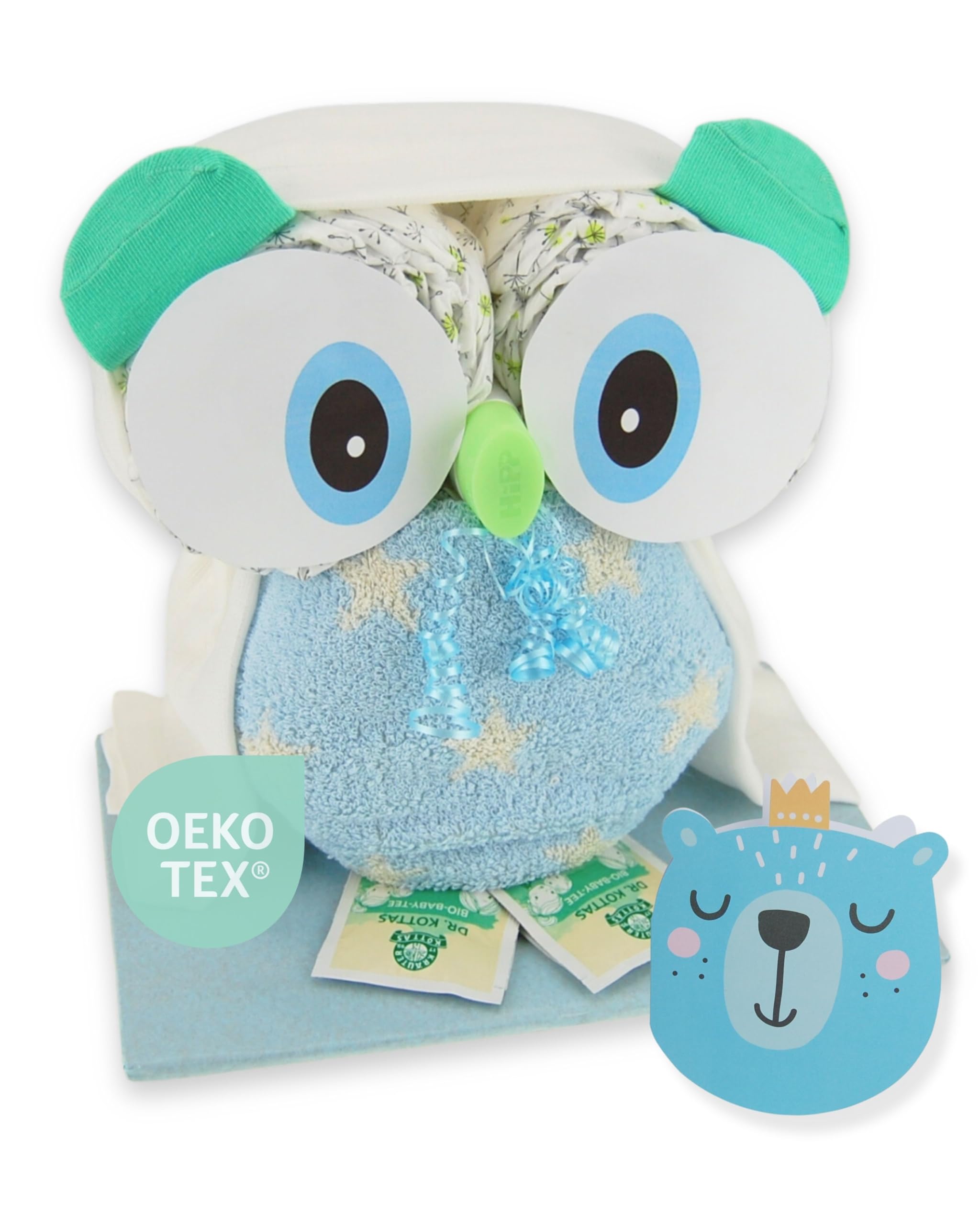myBambini ® pieluszka tort sowa niebieska/chłopiec - prezent na baby shower dla noworodka - skarpetki niemowlęce pierwsze wyposażenie 0 miesięcy chusteczki nawilżane dla noworodków -...