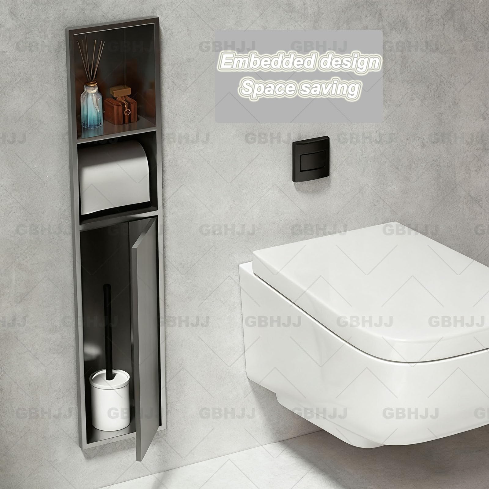 Toilettenpapierhalter aus Edelstahl, zur Wandmontage, eingebauter WC-Bürstenhalter, Duschpapier, Sto Solut, platzsparend, Badezimmer (18 x 80 x 12,5 cm), Schwarz
