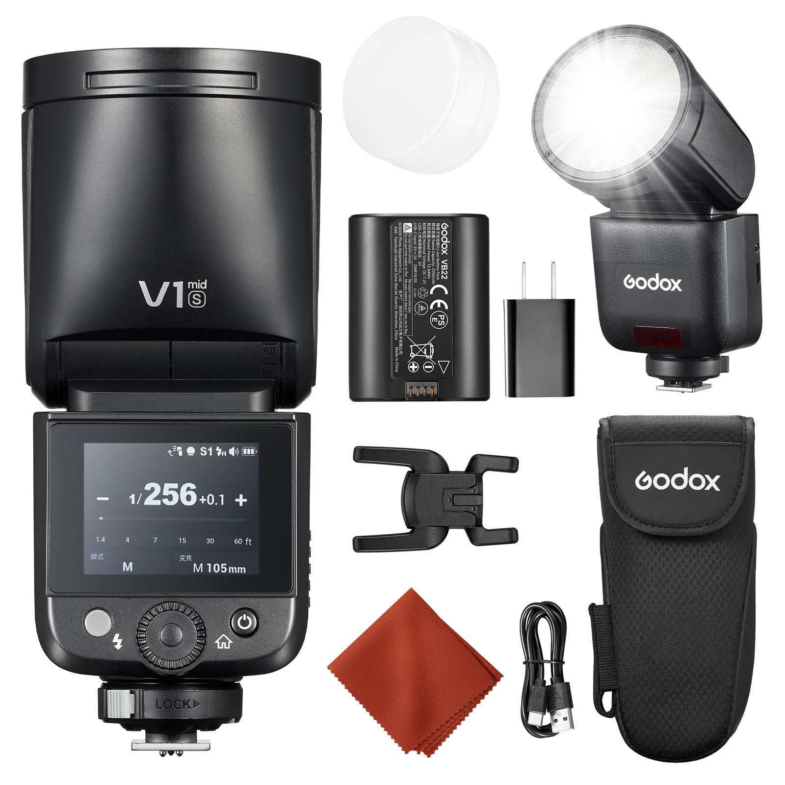 Godox V1 Mid S pour Sony V1 Mid-S Flash Appareil Photo 55Ws Speedlite Tête Ronde TTL avec Diffuseur Chaussure Chaude,2,4G HSS 1/8000s,Écran Tactile Couleur,USB-C Batterie,Compatible A7CII A6700 AK-R1