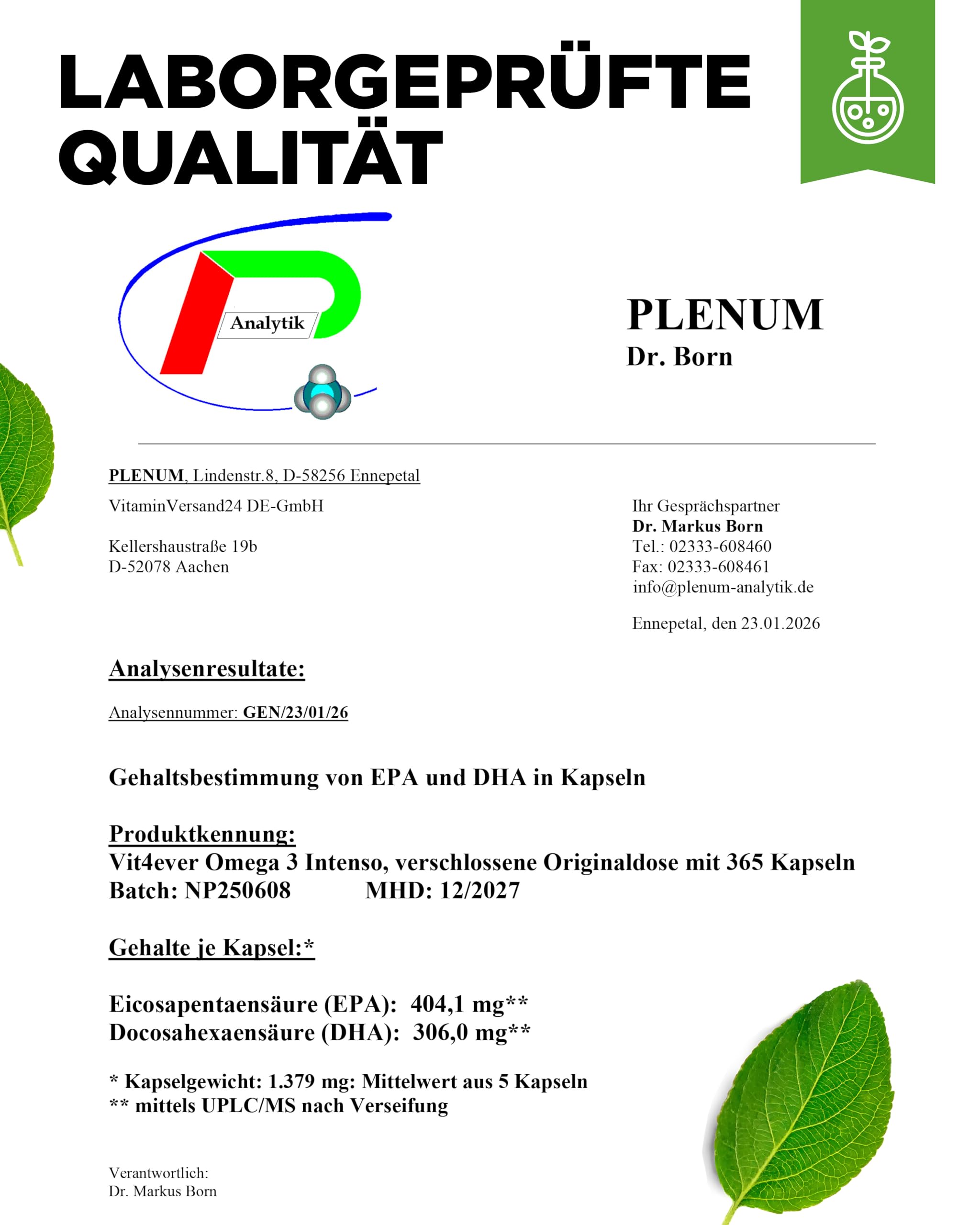 vit4ever Premium Omega 3-80% Omega-3-Fettsäuren - 365 Kapseln | 1000 mg Fischöl mit 400 mg EPA & 300 mg DHA - Triglycerid-Form - aufwendig gereinigt - nachhaltig - Laborgeprüft