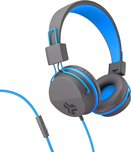 JLab Auriculares de neón con cable, grafitoazul, luz de plumas, cuero ecológico ultra afelpado, controladores de 1.575 in, garantizados de por vida