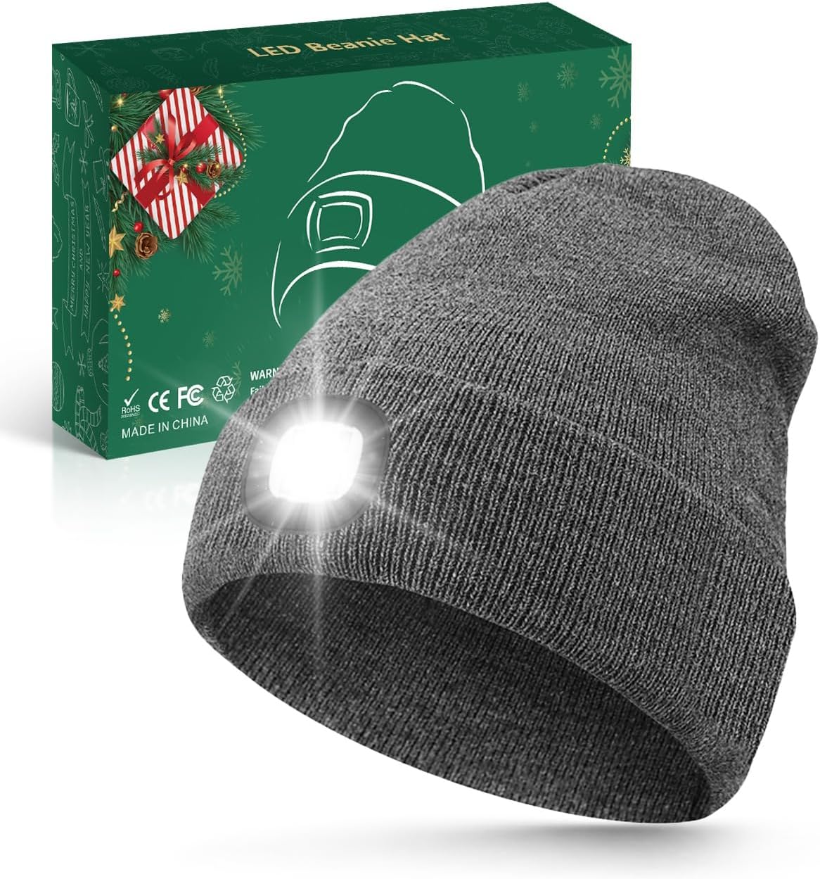 Unisex Beanie with Light 2 Pack, USB Rechargeable LED Headlamp Hat, Gifts for Valentine’s Day, Warm Knitted Cap for Parents Men Women Dad Mom Gray