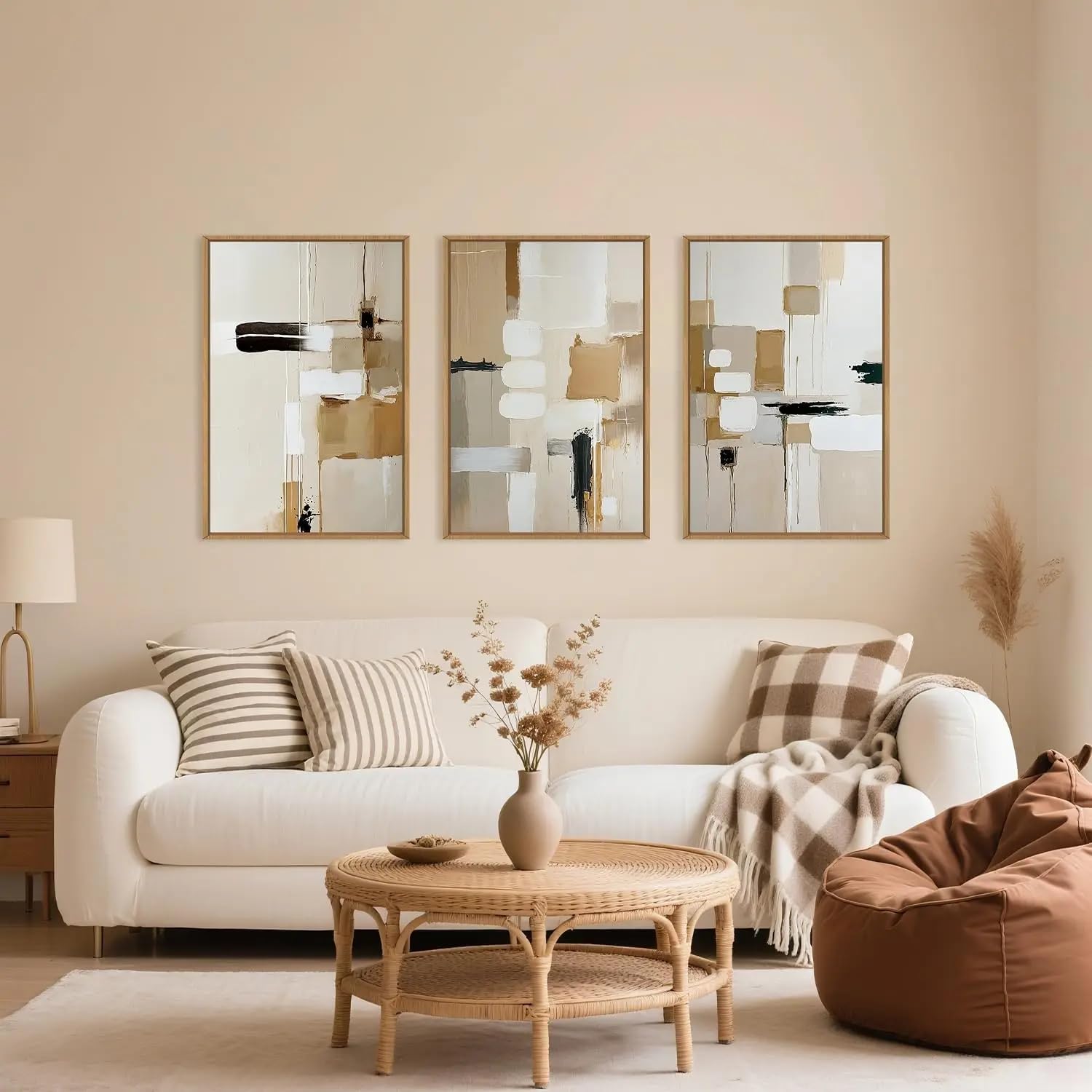 Ltjiajuypd Frameless Abstract Beige Canvas Wall Art Set Neutral Minimalist Shape Painting Living Room, Bedroom Home Decoration(60X85cm-3Pcs)