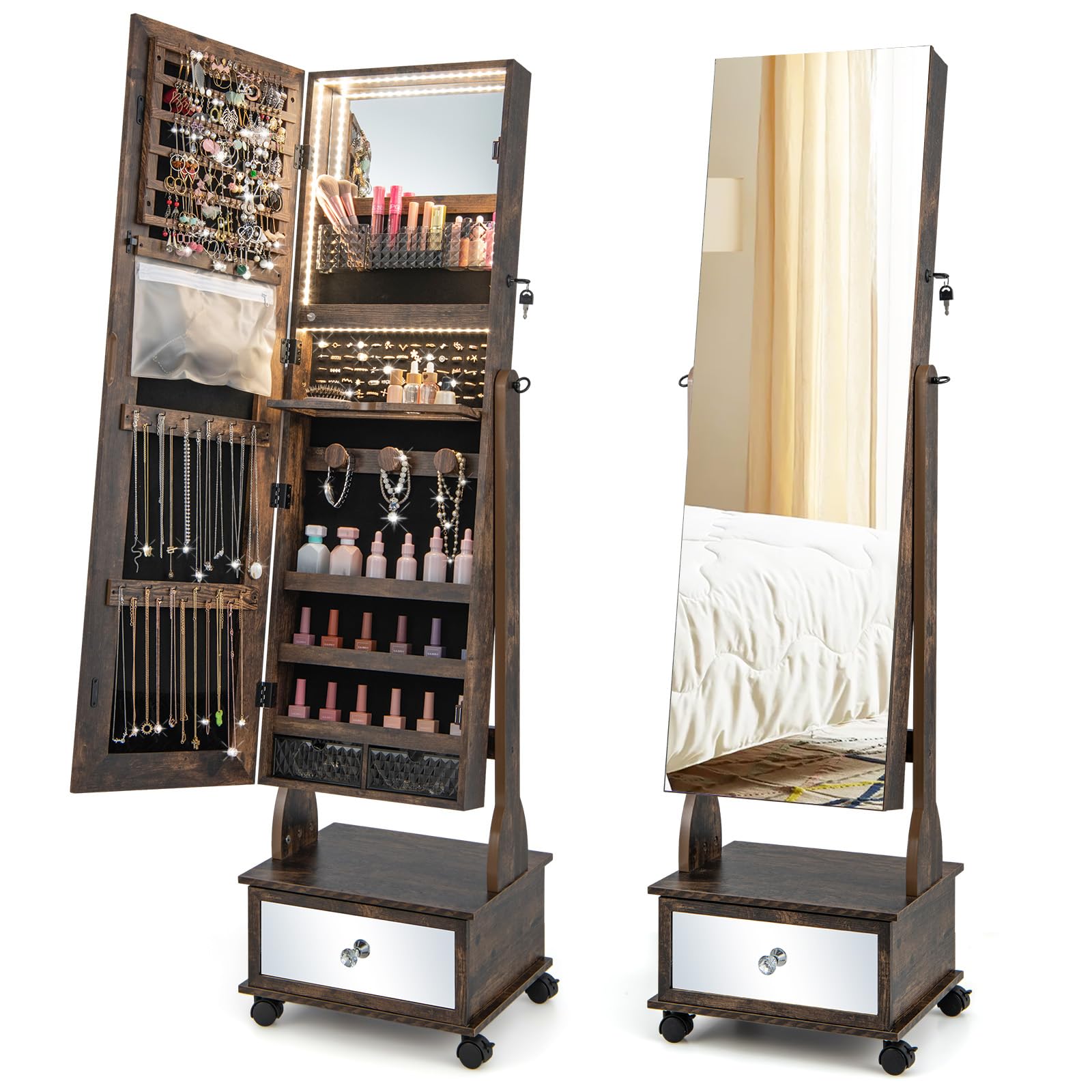 COSTWAY Free Standing Jewellery Cabinet, 3-Color LED Lights Lockable Jewelry Armoire with Full Length Mirror, Storage Drawer and Wheels, Mobile Angle-Adjustable Jewellery Organiser Gift (Rustic Brown)