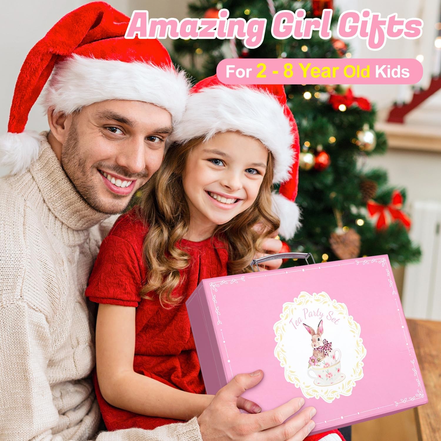 Wooden Tea Party Set for Little Girls, Toddler Girl Gifts Princess Tea Time Toys, Wooden Tea Set Tray Cake Dessert, Kids Kitchen Pretend Play, Birthday for Girls Age 2-5 Years Old A. Pink Polka Tea