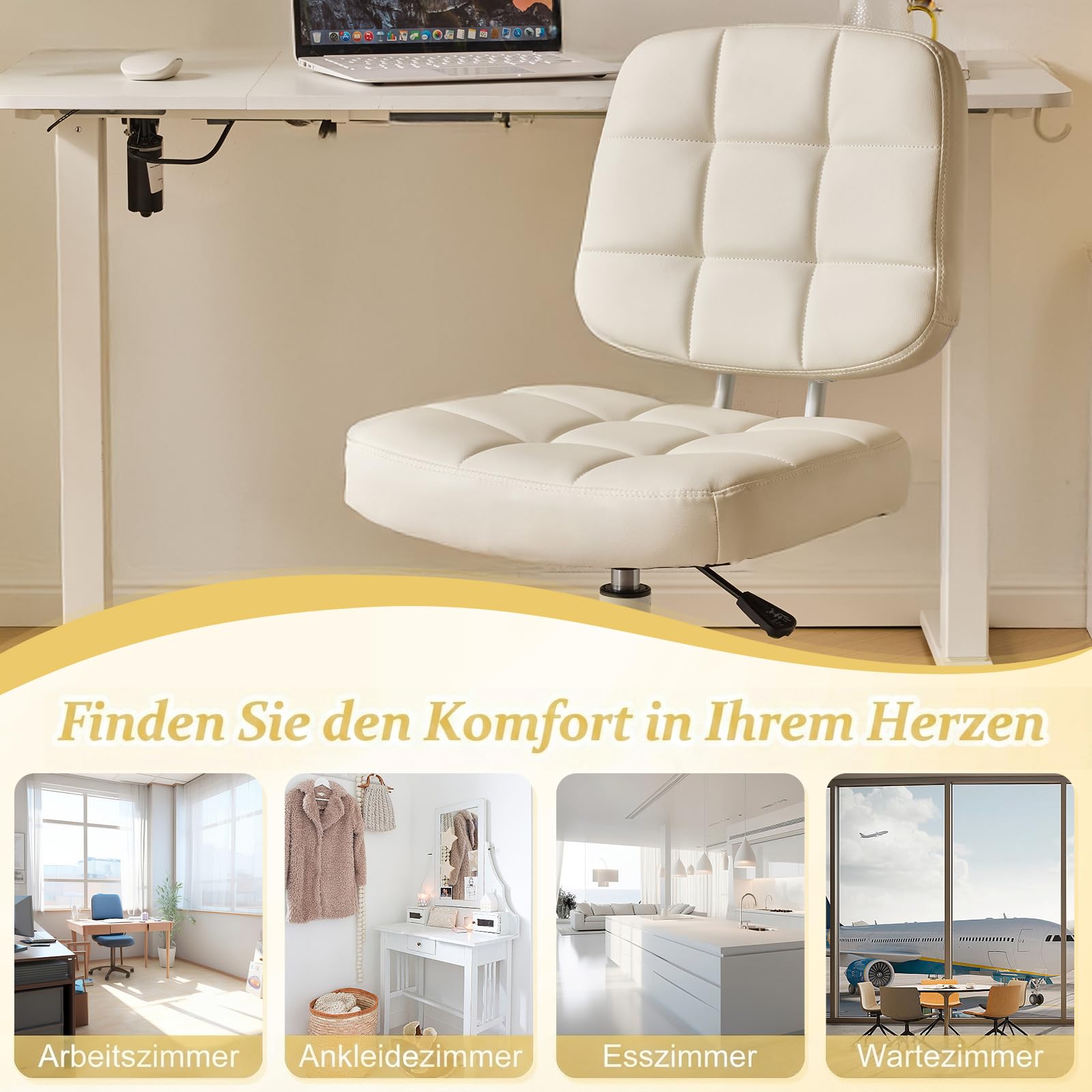 Bonnlo Bürostuhl ohne Armlehne, Kleiner komfortabler schreibtischstuhl mit Rollen, Drehstuhl Höhenverstellbar für Büro, Schlafzimmer, Arbeitszimmer, Schminkstuhl aus Leder, Weiß