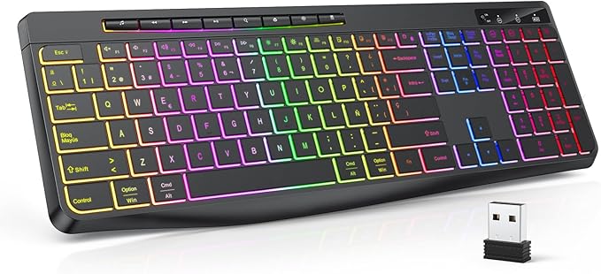 TECURS Teclado Gaming inalámbrico- Teclado QWERTY Silencioso, Ergonómico, Impermeable, 2.4Ghz LED Teclado Retroiluminado, Anti-Ghosting, Full-Size Teclado avec Multimédia para PC/Ordenador/MAC/Windows