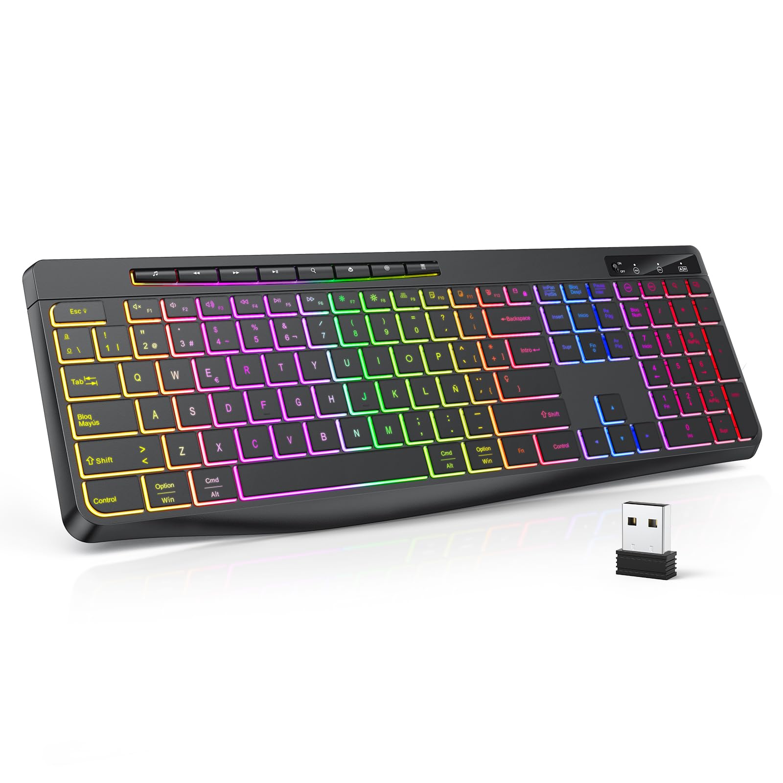 TECURS Wireless Gaming Keyboard- Silent 2.4 GHz Wireless Keyboard, Backlight, Ergonomic, Full Size with Multimedy Keys for PC/Computer/Mac/Windows, Spanish QWERTY – Black