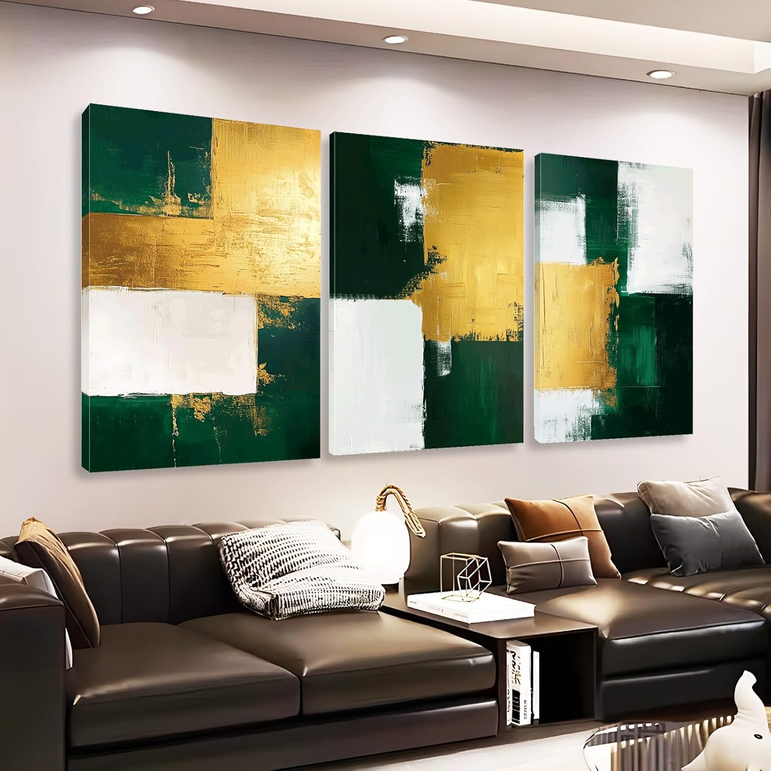 Green and Gold Canvas Wall Art, Abstract Marble Canvas Print, Emerald Green Gold and White Pictures, Set of 3 Geometric Wall Art, Modern Minimalist Decor for Living Room (12" x 18" x 3 pcs)