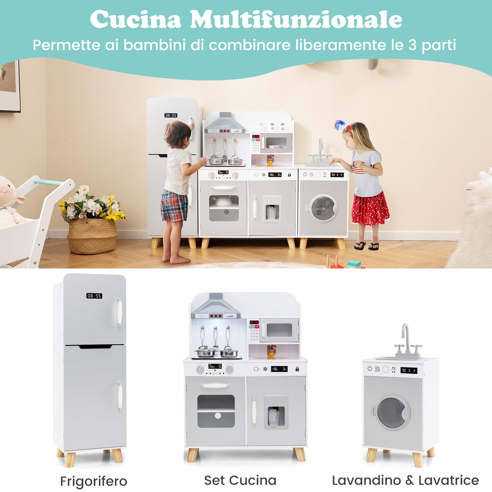 RELAX4LIFE 3 IN 1 Cucina Giocattolo per Bambini, Mini Cucina in Legno, Suoni e Luci Realistici, Cucina Giocattolo con Lavello, Fornelli, Frigorifero, per Bambini 3+ Anni (Grigio)