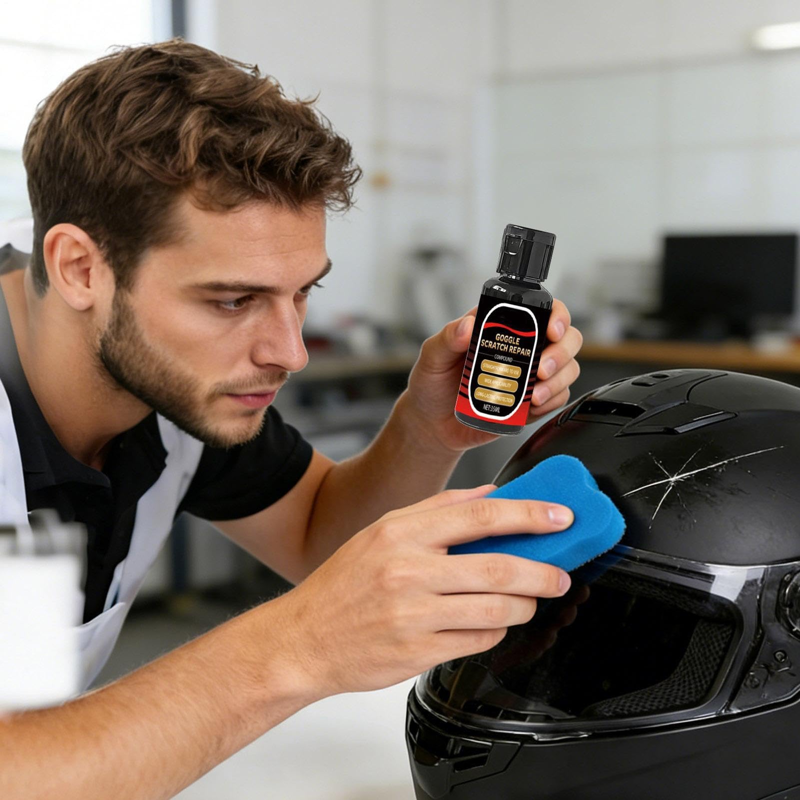 Rimuovi Graffii – 30ml Crema Ripara Casco Moto Occhiali | Kit Lucido Antigraffio Per Vetri E Visiere | Strumento Rimozione Segnii Per Casco E Occhiali | Spugna Inclusa Per Ripristino Lucentezza