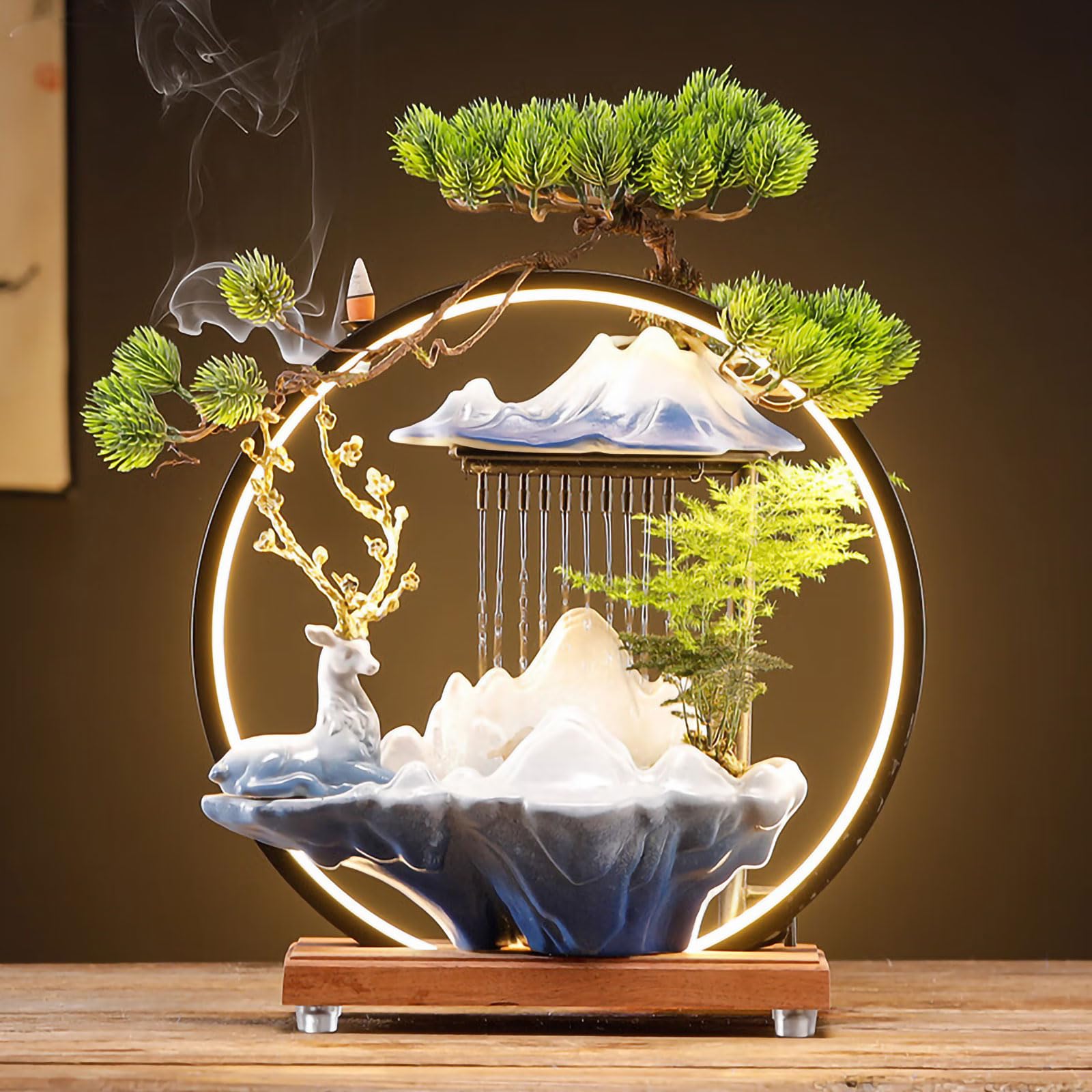 Huazzzyi Tabletop Water Fountain with Mist, Indoor Waterfall Fountain with Round LED Light, Mist Maker and Incense Holder, Zen Meditation Fountain Home Office Decoration (Blue)