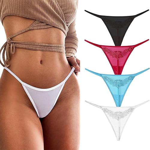 4UFIT Women's Floral Lace Embroidered Panties Low Waist G-String Underwear Seamless Ice Silk Thongs 3-4 Pack - 4 Pack - Small