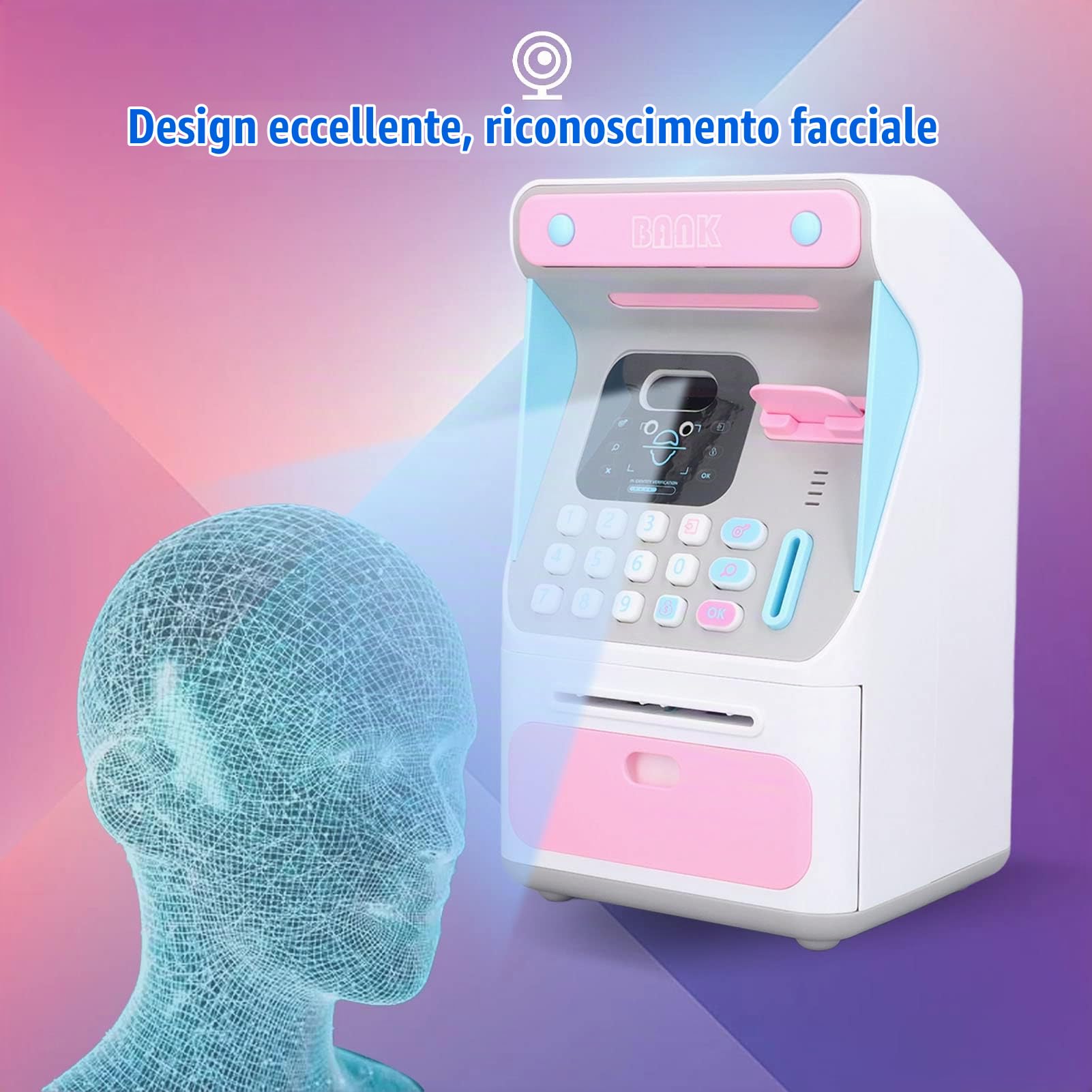 Salvadanaio ATM, Cassa di Risparmio Bancomat, Gettoniera Elettronica per Monete in Contanti per Soldi Veri con Password, Riconoscimento ID Viso, Bobina Automatica di Banconote