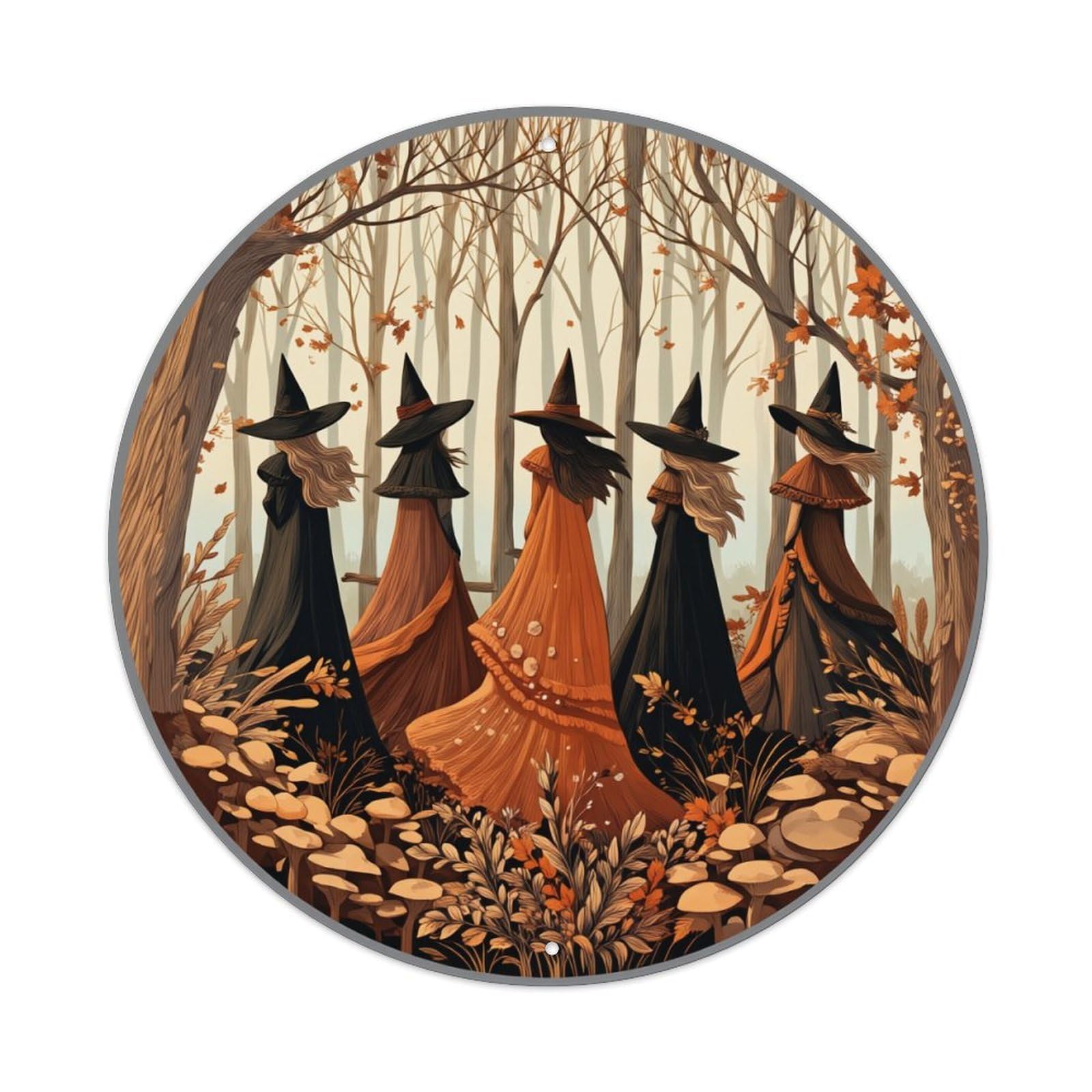 Witches In Autumn Forest Scene Round Tin Sign Retro Metal Sign for Cafe Bar Pub Home Game Room Gym Club Wall Decoration Vintage Metal Poster 8x8 Inch