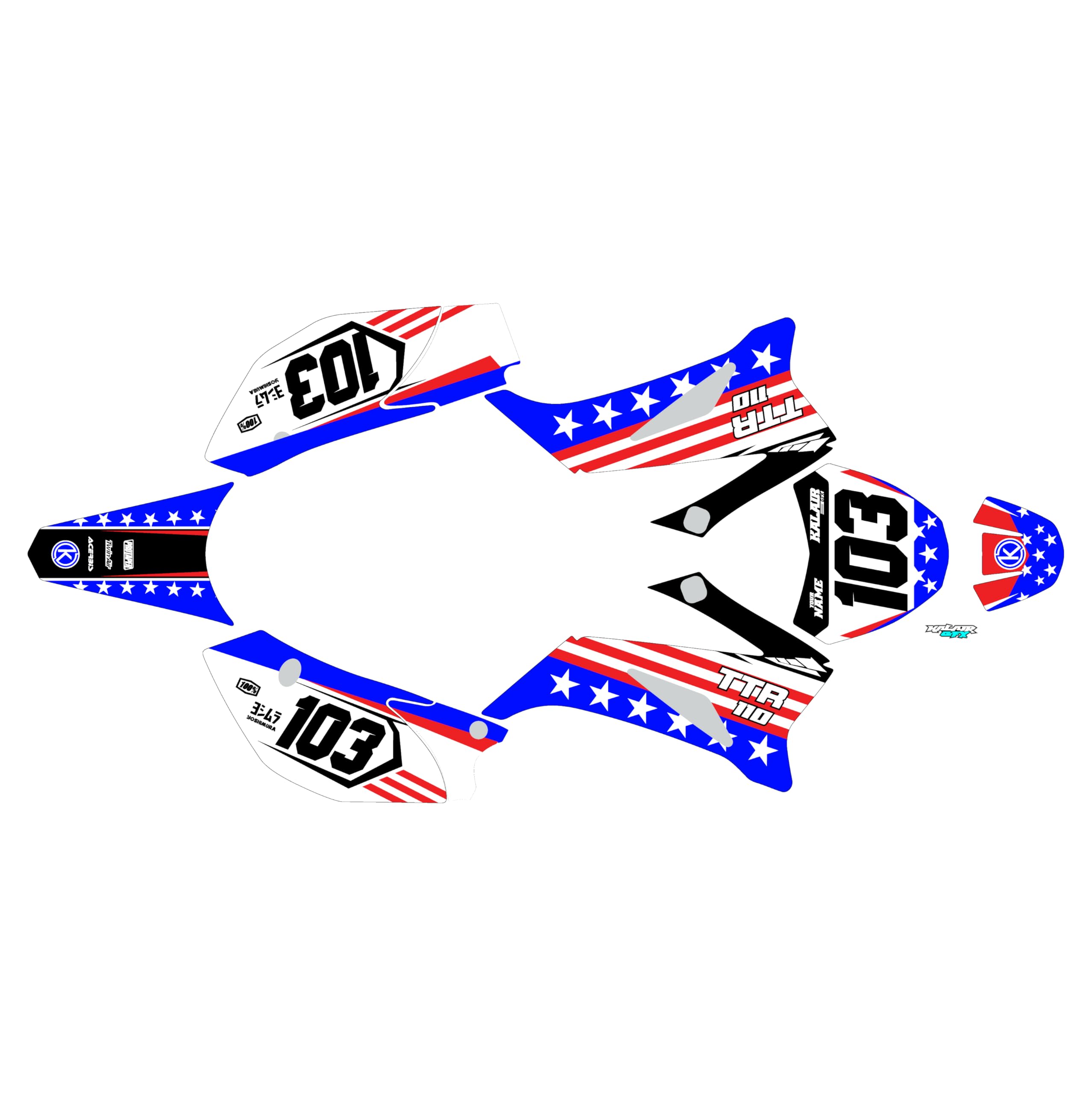 Kalair GFX Graphics Kit for Yamaha TTR110 (2008-2023) USA Series Blue 09 Mil - Dirt bike Custom Racing Graphics Decals Stickers Kit, no-plastics