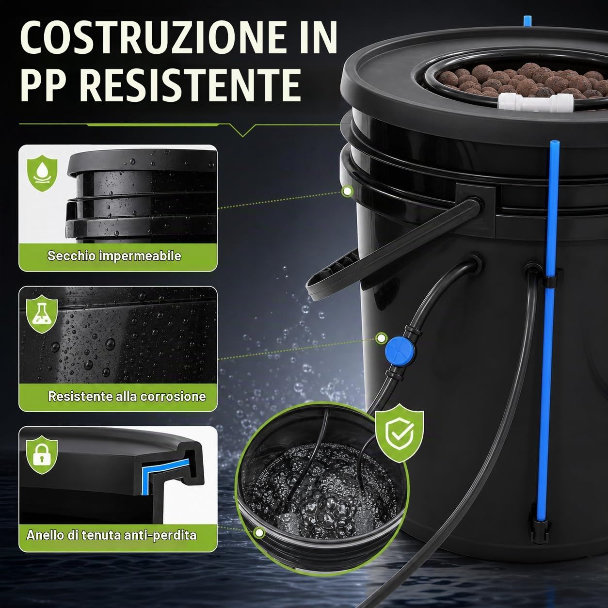 Sistema di coltivazione idroponica 5 galloni (circa 19 litri) coltura in acqua profonda con pompa ad aria da 12 W, 2 secchi e kit di gocciolamento per vaso, sistema di circolazione Drip Garden