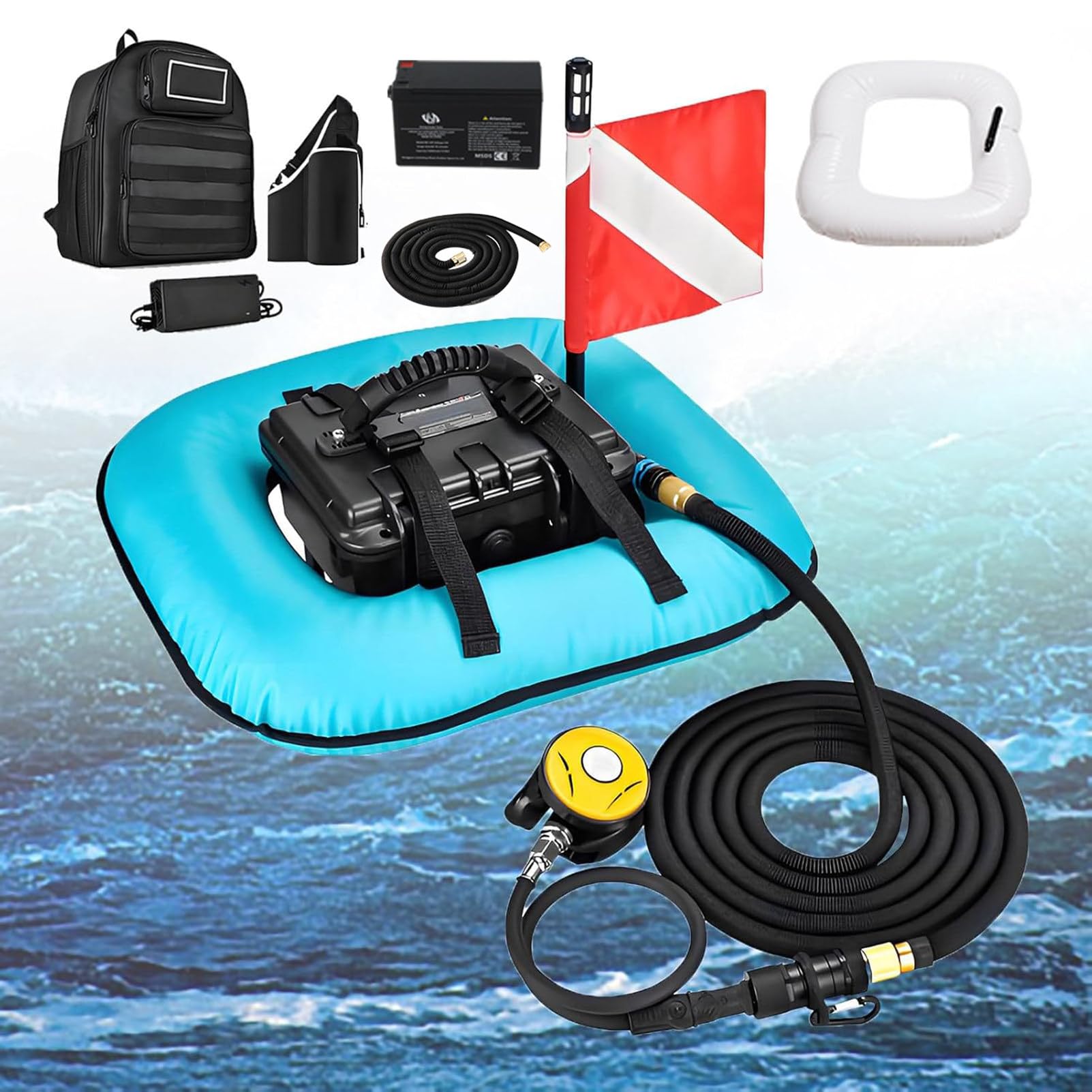 NzEupno Scuba Diving Ventilator, Waterproof Portable Rechargeable Dive System, Underwater Breathing Device with Telescopic Pipe & Diving Breathing Regulator Blue-2Battery