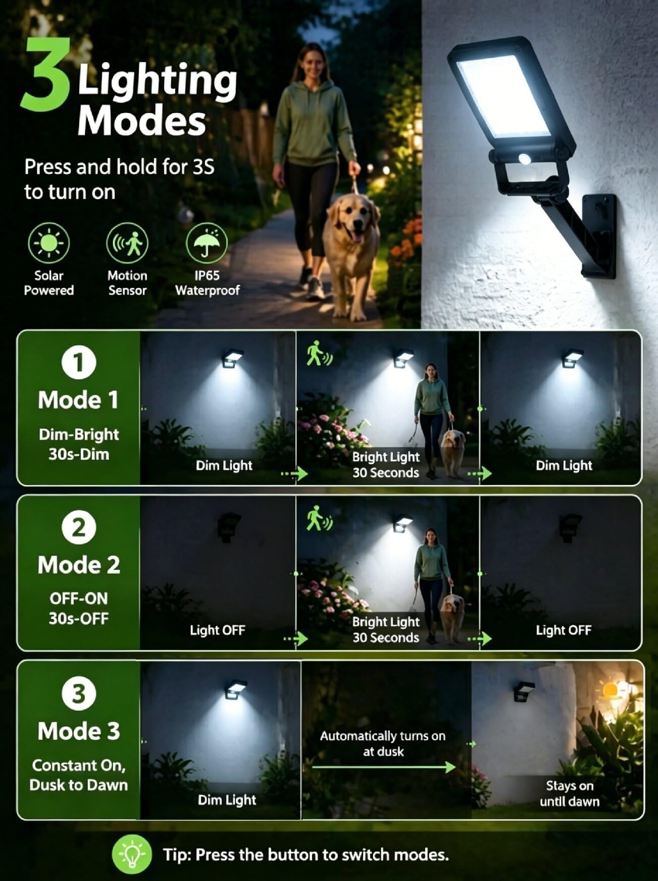 Aigostar Faretti LED da Esterno Solari 50W, 6500K Luce Solare Esterno con Sensore di Movimento PIR e 3 Modalità, IP65, Lampione Solare a LED da Parete per Giardino Terrazza Garage Vialetto, Pack da 4