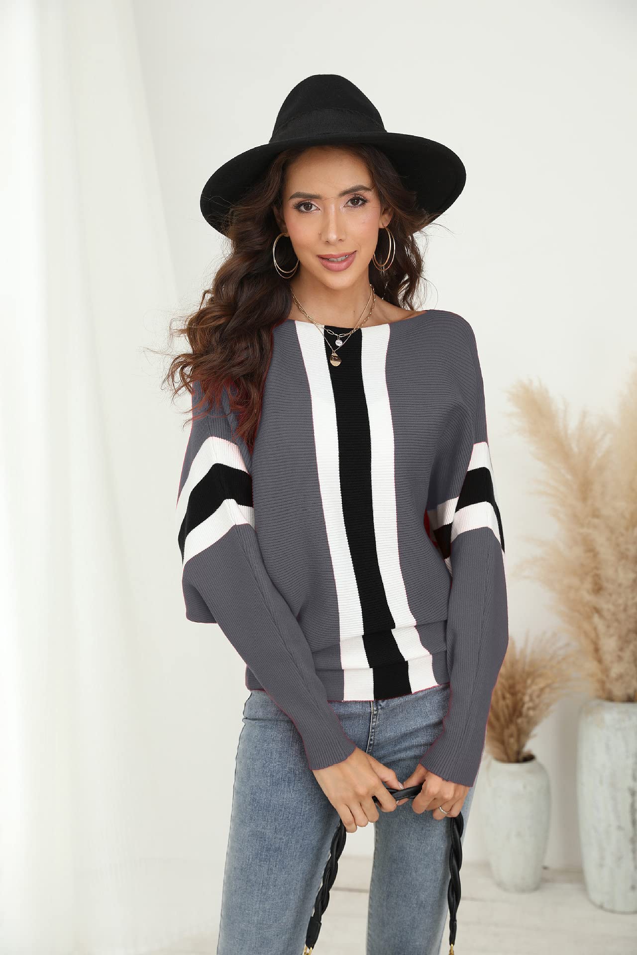 FULIER - Maglione Dolman da donna, con maniche a pipistrello e scollo a barchetta, lavorato a maglia, vestibilità ampia, taglia unica