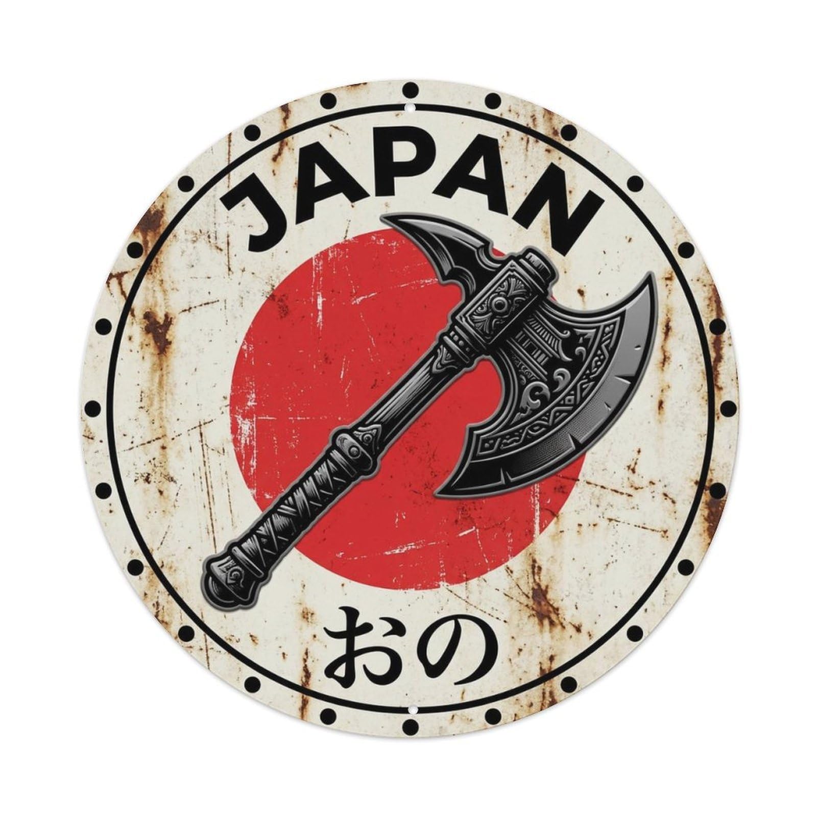 Ono Axe Japan Battle Weapon Historic Matsuri Crest Metal Tin Sign Plaque Wall Decor for Cafe, Man Cave, Club Bar, Office, Home Garden Round Metal Poster 8x8Inch