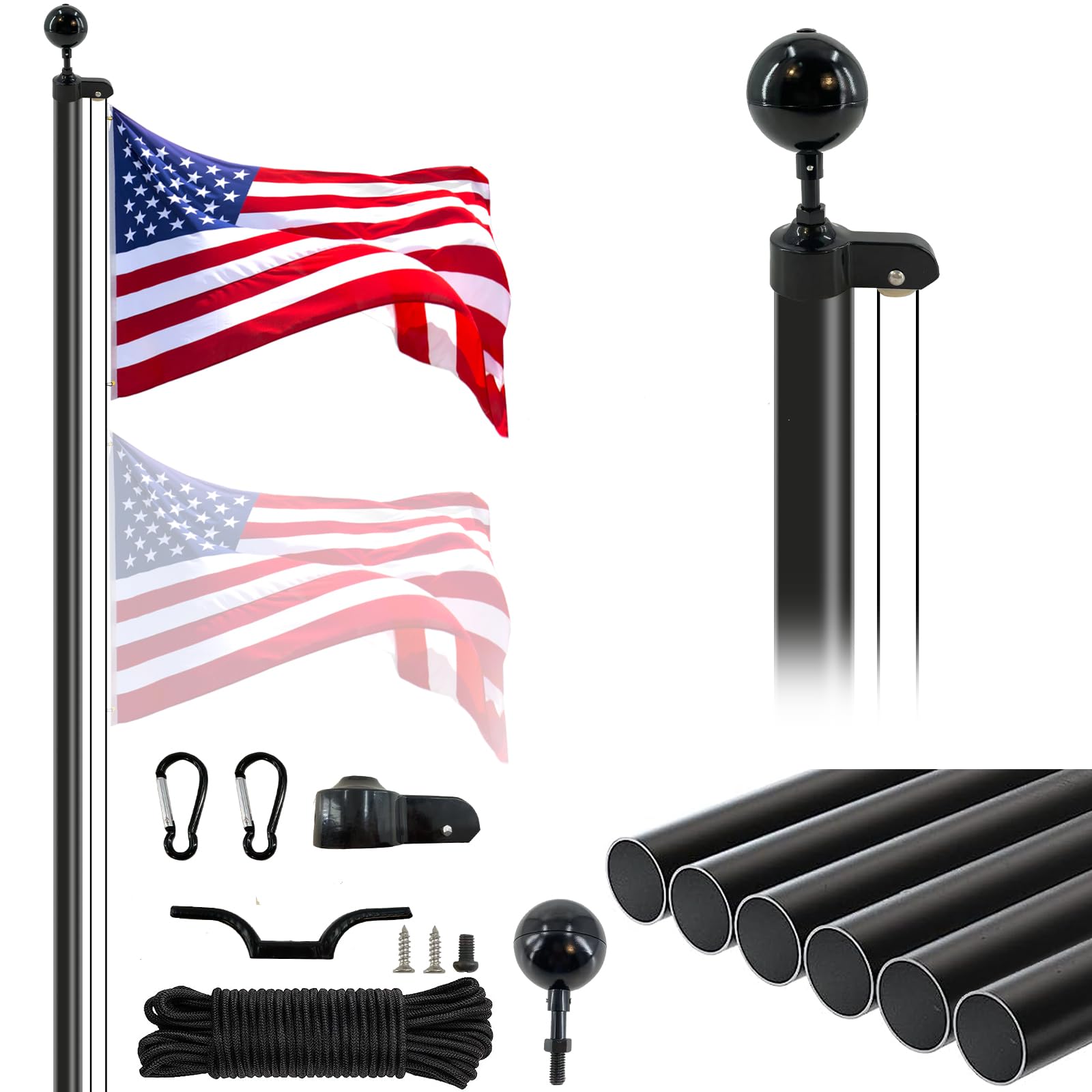 SEEYANG Flag Poles for Outside House, 20FT Aluminum Segmented Flag Pole Kit, with 3x5 Flag of The United States and Black Ball Topper, Heavy Flagpole for Courtyard Business or Residence, Black