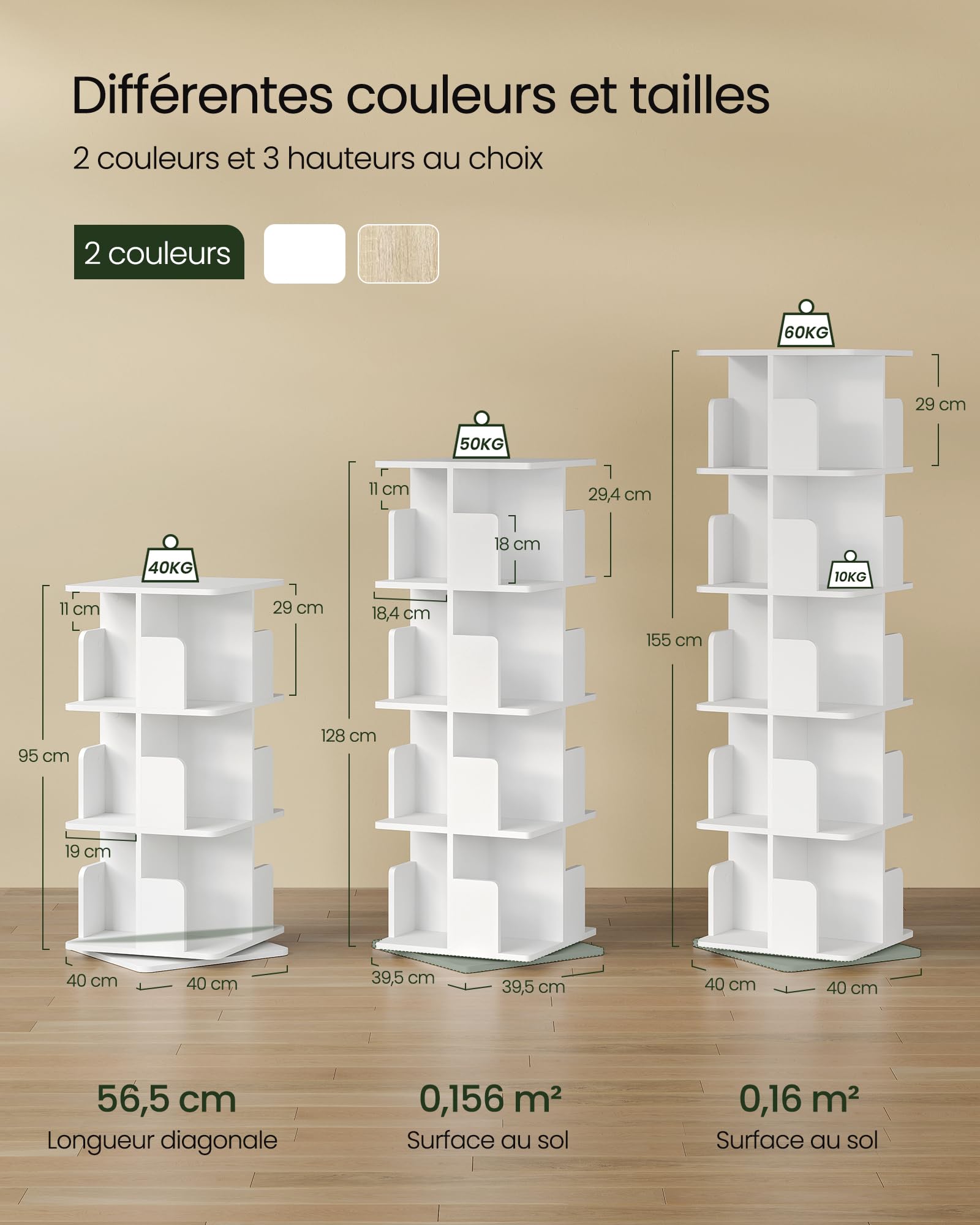 EUGAD Obrotowy regał na książki 5 poziomów 360° 40 x 155 x 40 cm biały