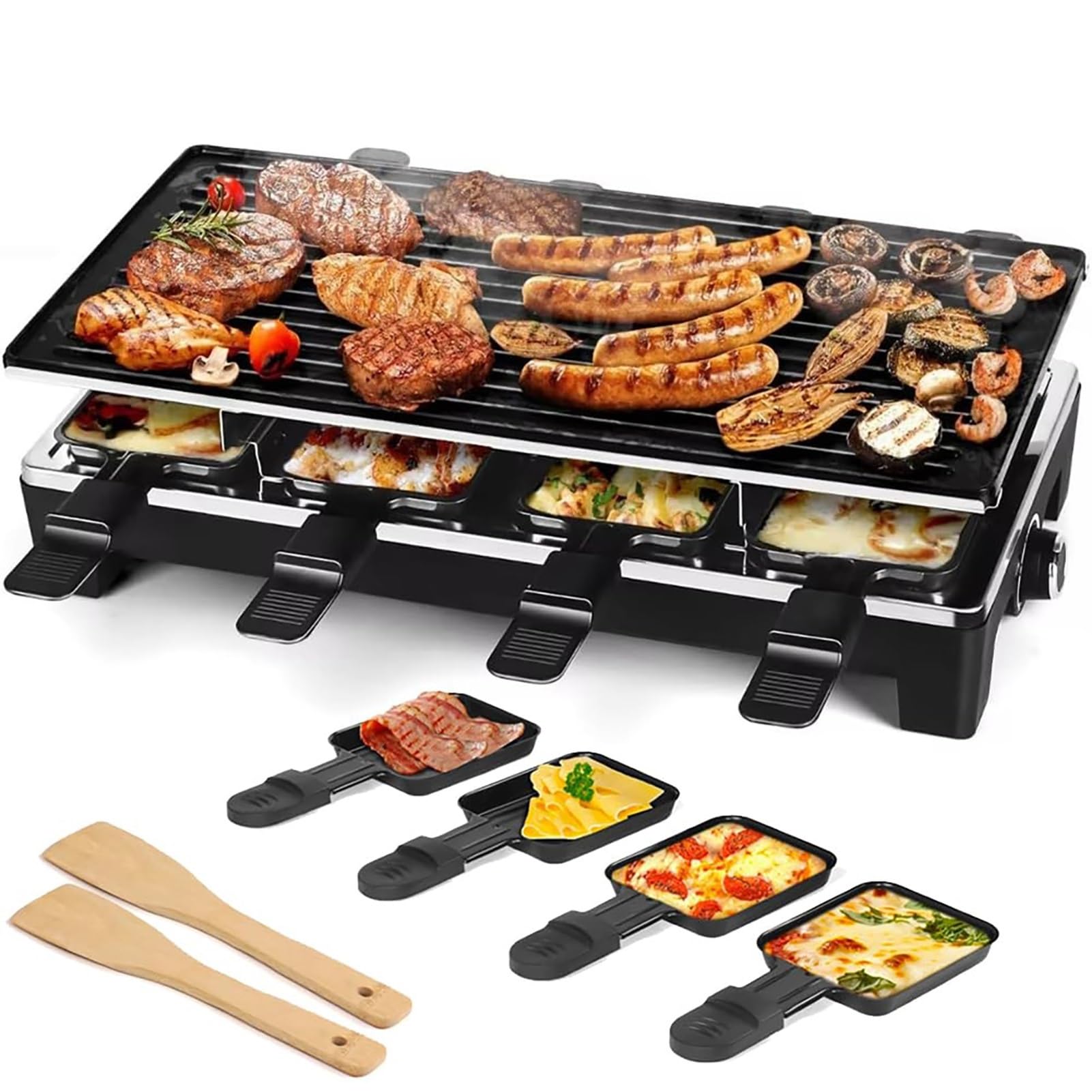 Gril électrique antiadhésif for 8 personnes, pierre à raclette 2 en 1, gril de fête à raclette, gril électrique sans fumée à température réglable de 1 500 W, avec 8 moules à fromage et 2 spatules