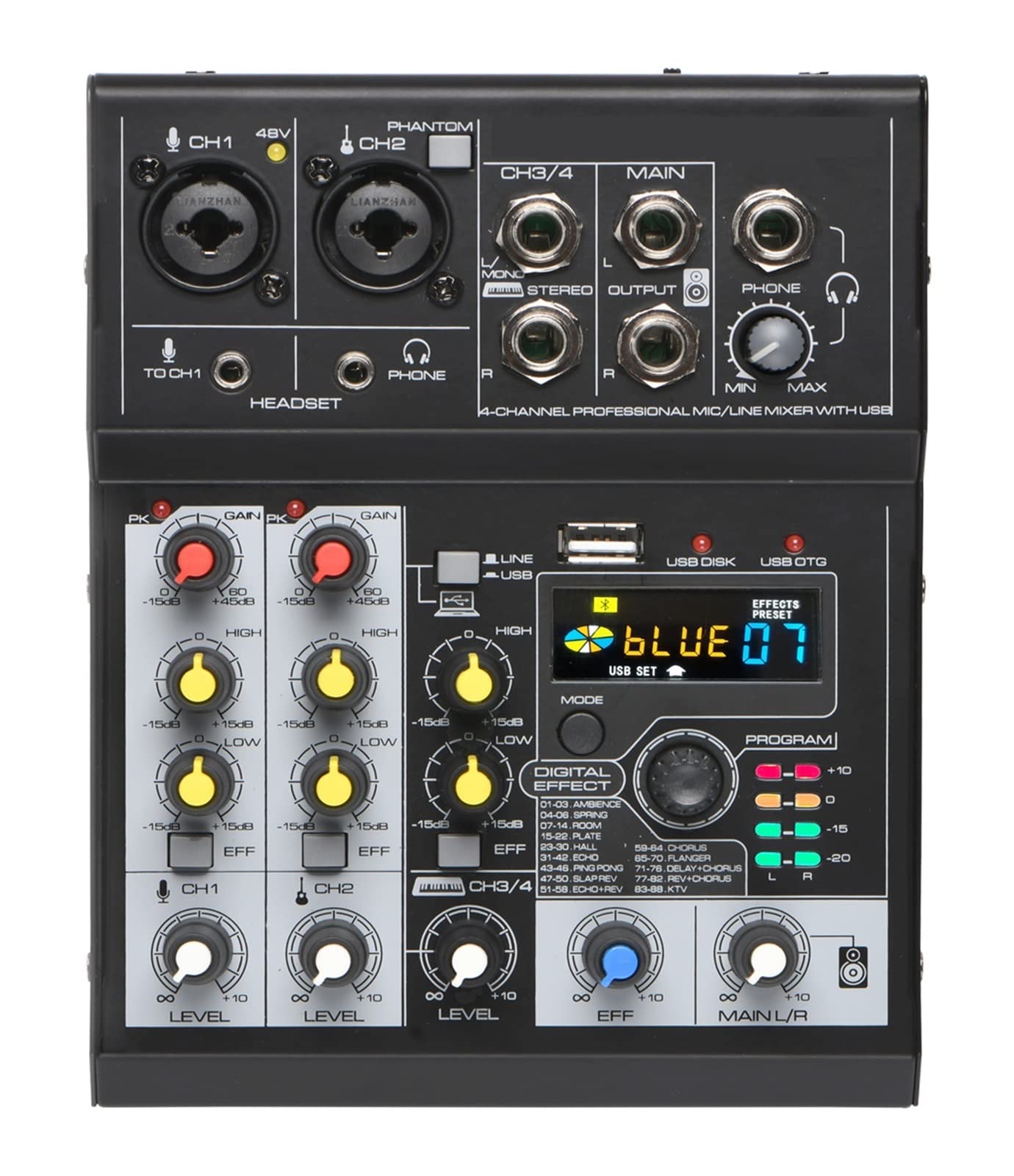 Mixer DJ, Mixer 4 Channel Sound Table 88 DSP Effect Mixing Console con USB Record Play