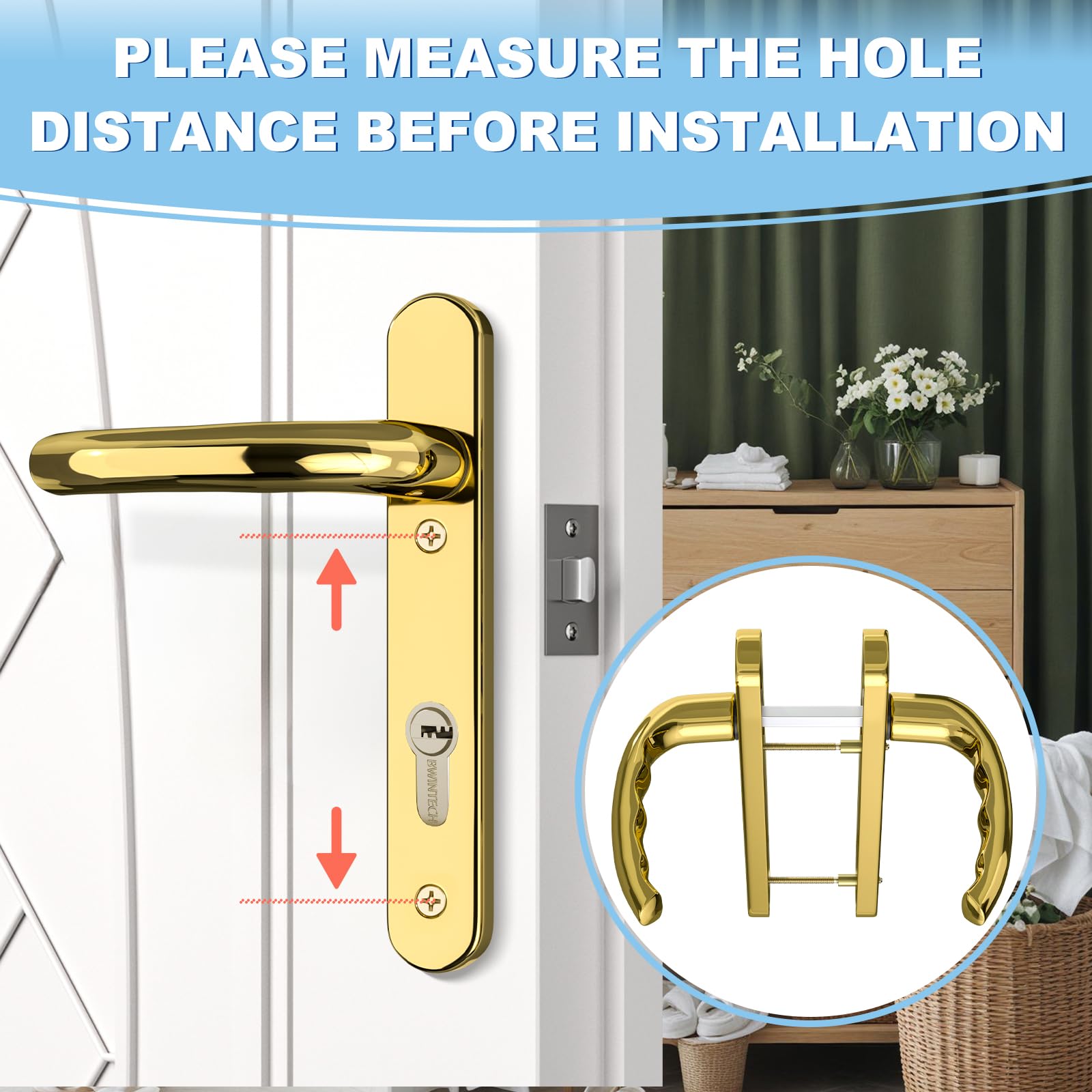 GANZTECH 1 Set PVD Gold UPVC 304 Stainless Steel Door Handle, 92mm PZ (Centres), Backplate 212mm,122mm Screw to Screw - Image 4