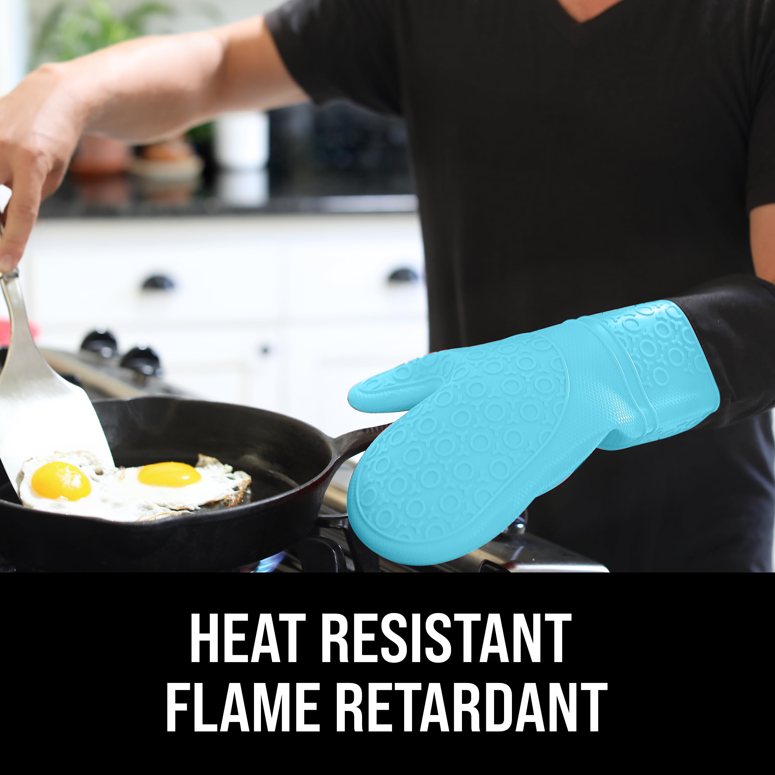 BPA-Free Soft Silicone Oven Mitts - Ultra Heat Resistant Oven Mitts with Thick Cotton Liner - Extra Long Slip Resistant Pot Holders, Flexible Oven Gloves - Aqua/Black 14.7" - Image 3 thumbnail