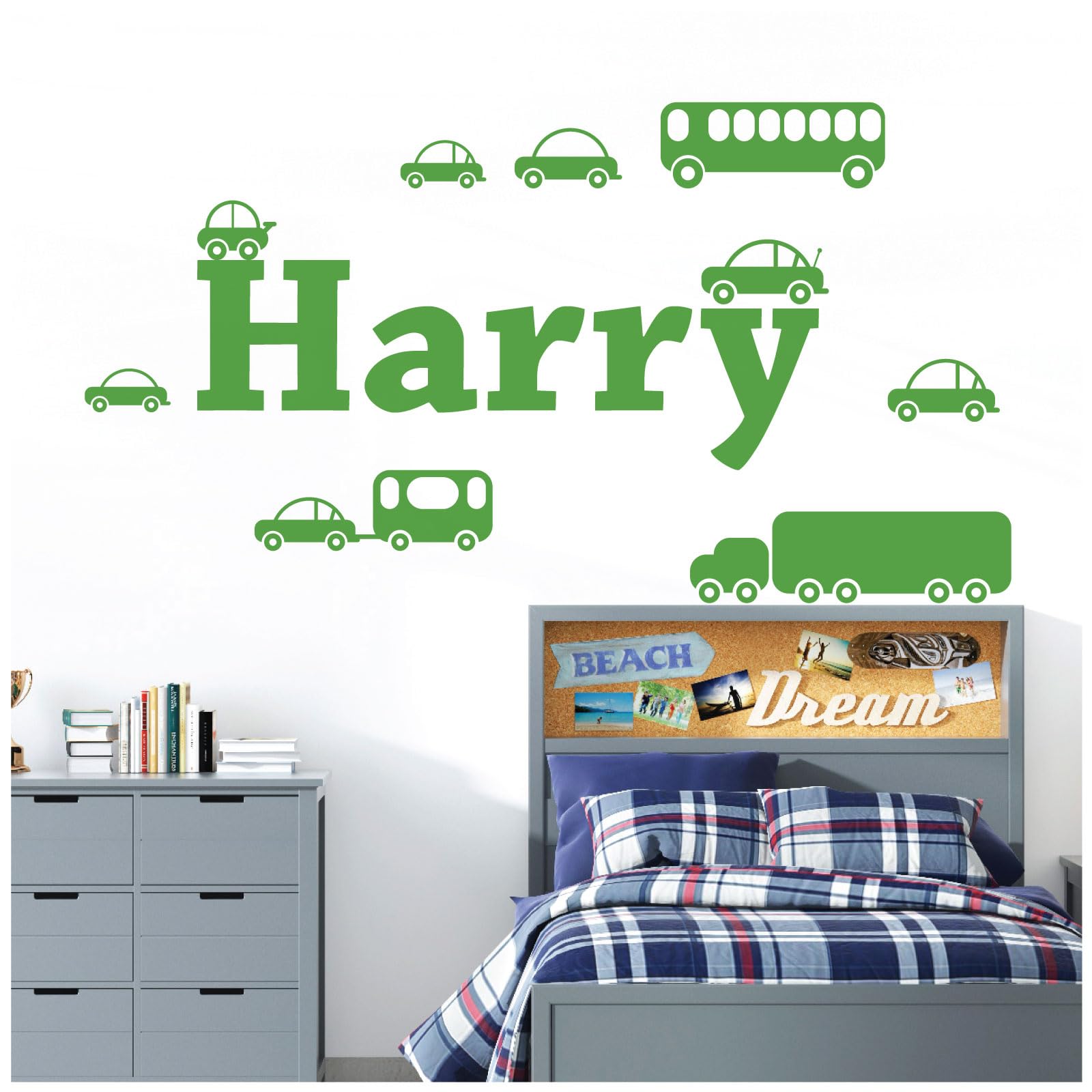 Personalised Name Boys Wall Art Sticker - Cartoon Trucks, Cars, Bus, Caravan, Taxi Set [Medium] [Grass] — image 1