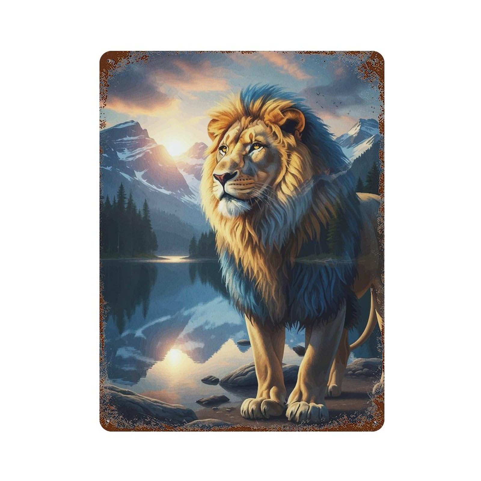 Rust Effect Lion Mountain Landscape Sunset Aged Metal Wall Plaque 15.7"x11.8", Shabby Chic Decor for Basement, Hobby Room And Garage Decor