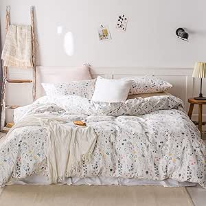 EAVD Fresh Botanical Floral Duvet Cover King Comfy White 100% Cotton Garden Style Colorful Floral Bedding Set with Zipper Chic Reversible Floral Comforter Cover with Zipper Soft&Lightweight