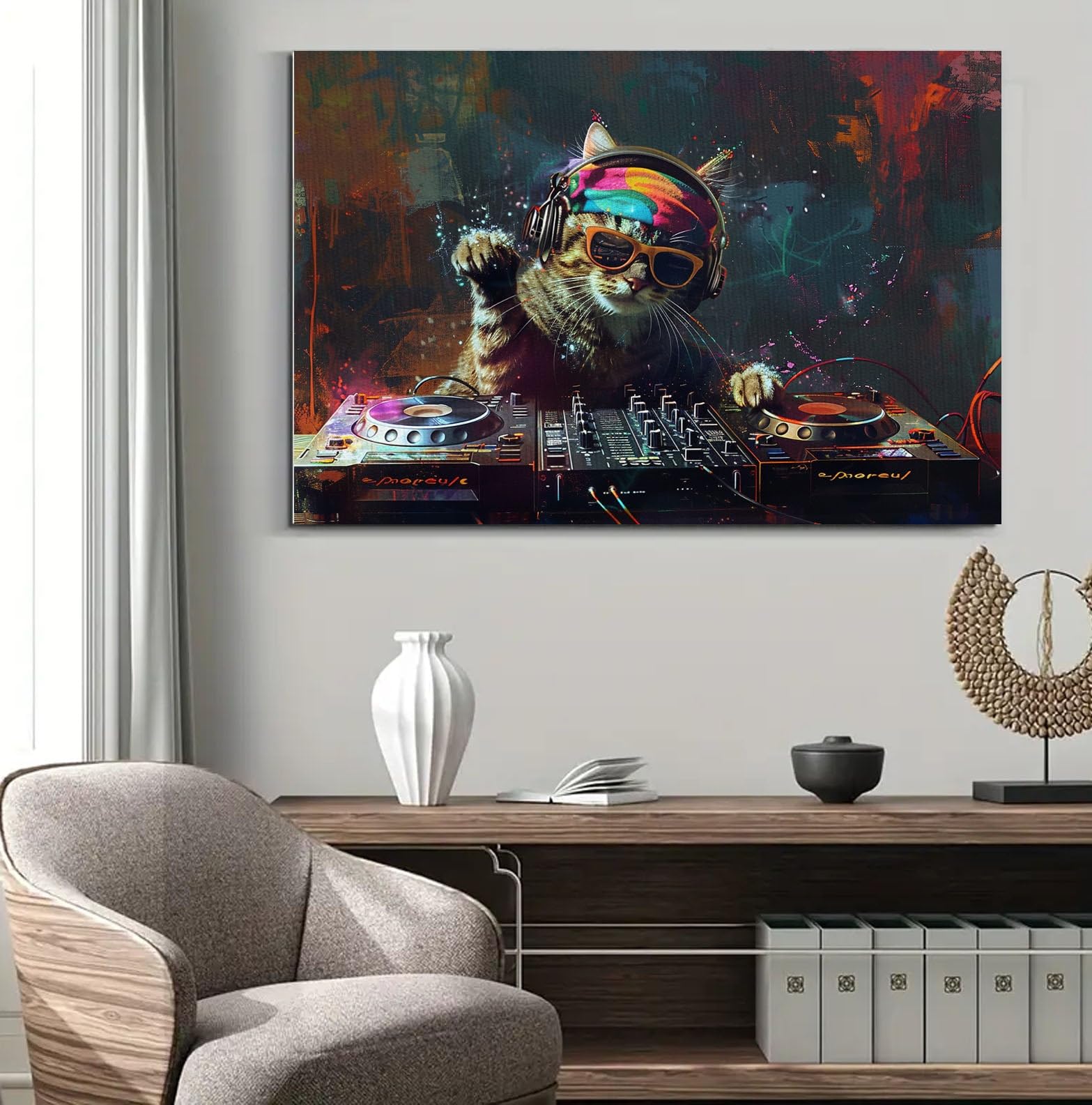 Amazon.com: DINHVBIEN9322 Canvas Print Wall Art- Cat Play DJ in