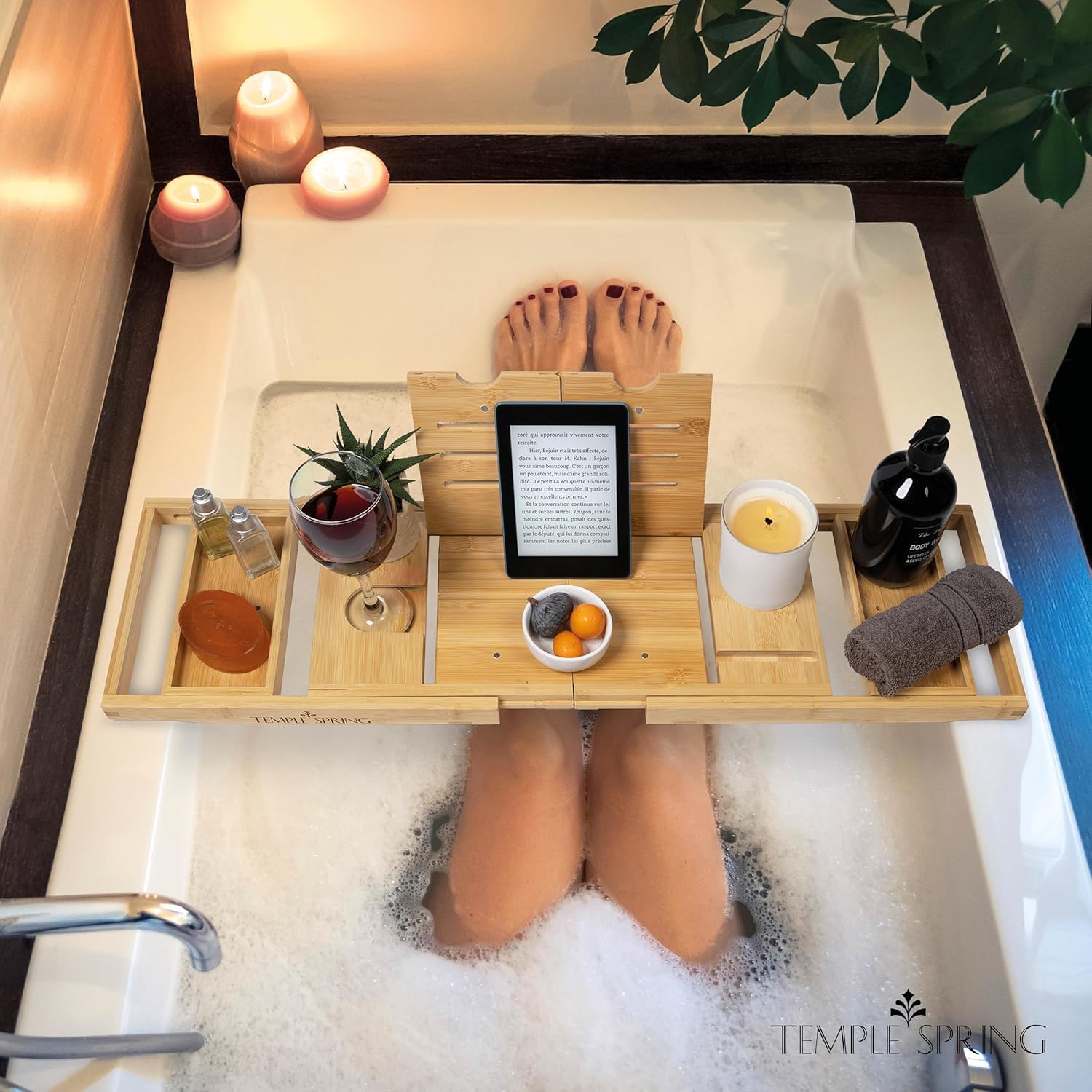 Temple Spring Vassoio da Bagno Pieghevole, Mensola in Legno Estensibile per Vasca, Tavola Spa per Adulti, Caddy da Vasca, Set Accessori Bagno in Bambù – Naturale