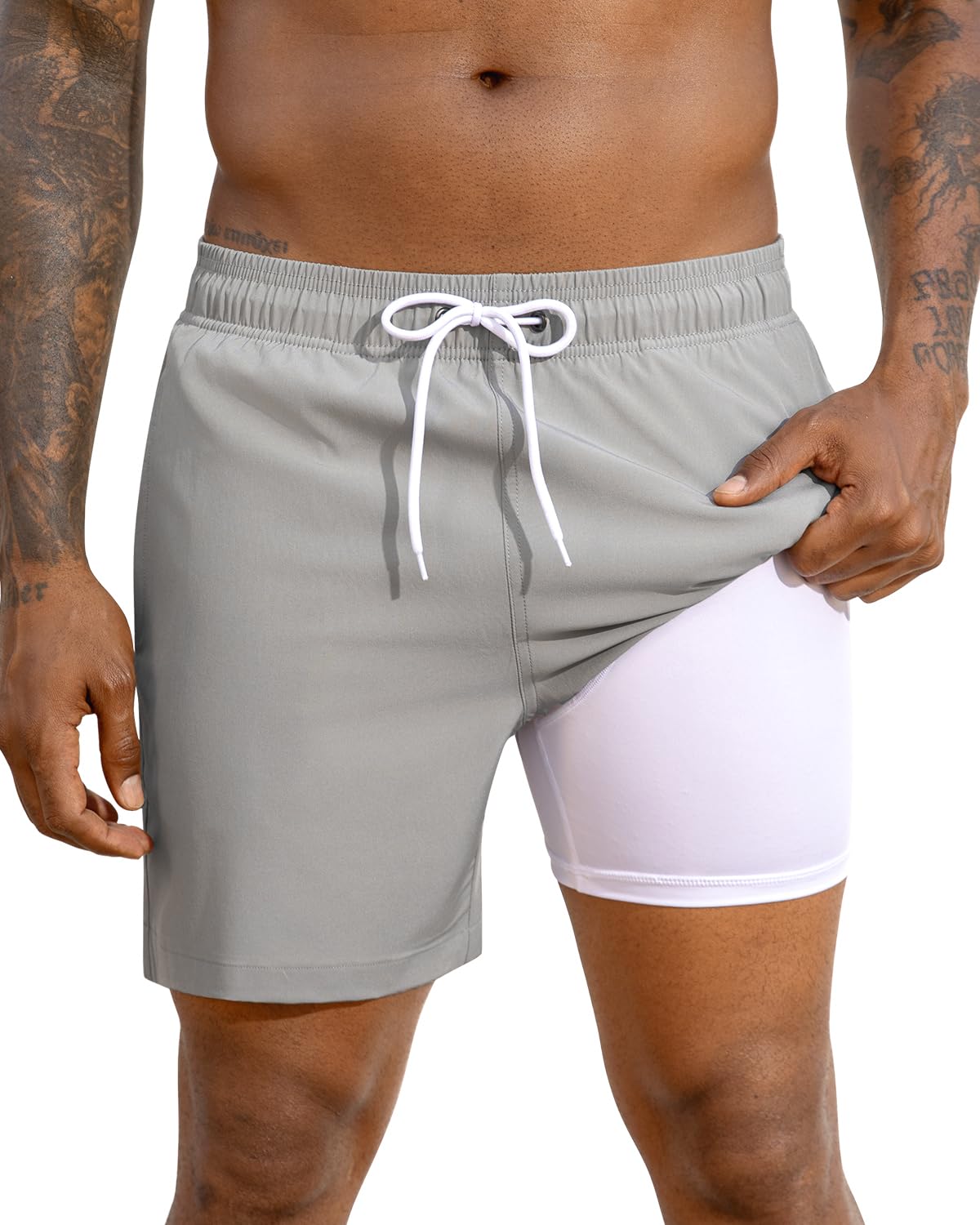 SILKWORLD Mens Swimming Trunks with Compression Liner and Zipper Pockets