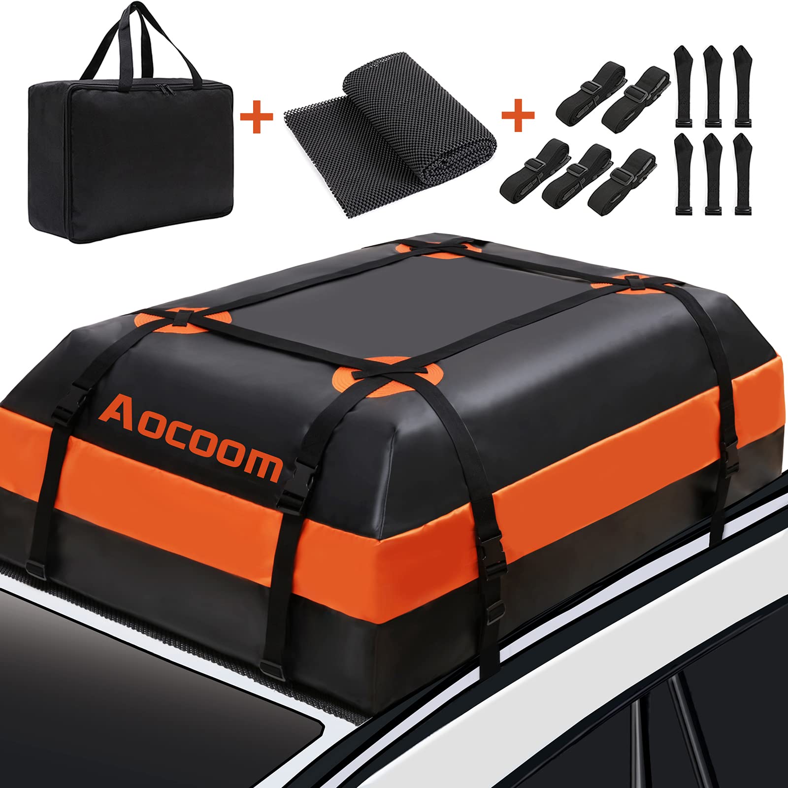 Aocoom Car Roof Bag Rooftop Cargo Carrier, 15 Cubic Feet Waterproof Car Top Luggage Storage Bag with Anti-Slip Mat, 5 Reinforce Straps and 4 Door Hooks for Vehicles with Racks or Without Racks