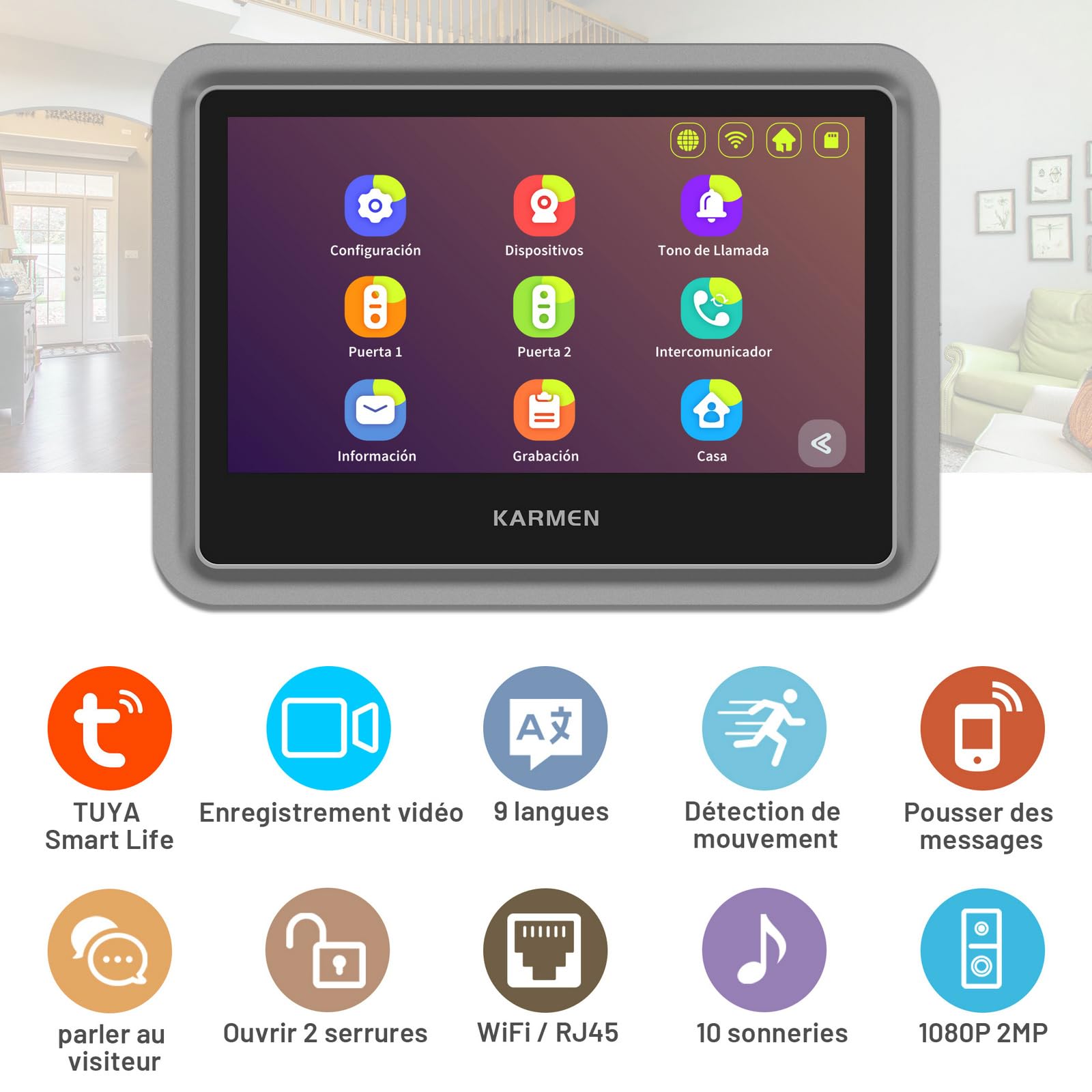 Karmen Visiophone Intelligent Tuya WiFi, écran Tactile de 7 Pouces, Sonnette en Alliage 1080P, Enregistrement de Détection de Mouvement, Prend en Charge AC 100V-240V