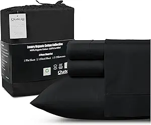 300TC 100% Organic Cotton Twin Size Sheets Set, Twin Bed Sheets Luxury Hotel Collection Fully Elasticated Sheet & Pillowcase Sets, Machine Washable No Pill Fade Resistant Black Sheet