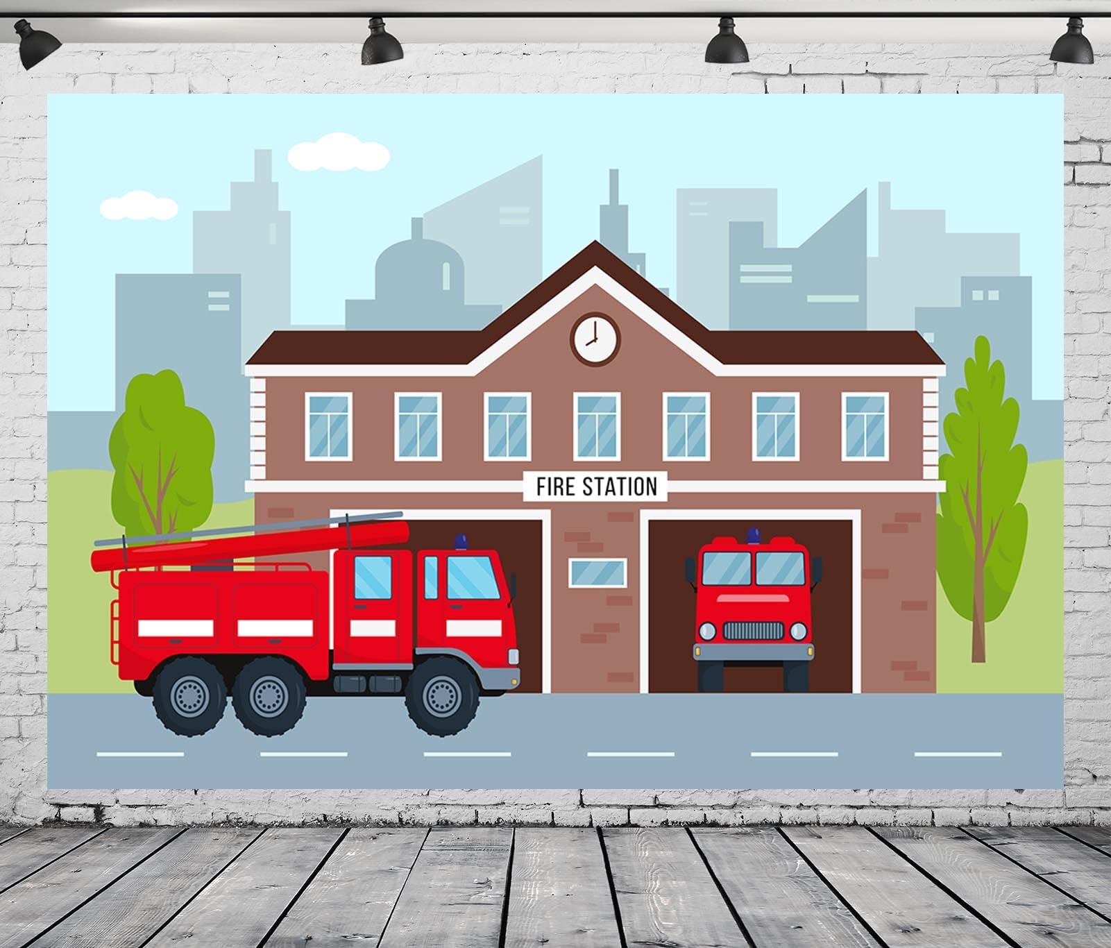 CORFOTO 5x3ft Fabric Cartoon Fire Station Backdrop Photography Firetruck Firefighter Background Kids Firefighter Themed Birthday Party Decorations