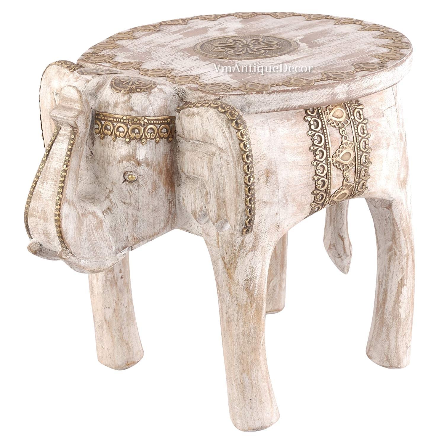 PREET SPICE Whitewashed Wooden Elephant Stool Table with Brass Inlay, for Home Decor (20x20x20 cm) (B0DF5K8PWP) Amazon Price History, Amazon Price Tracker